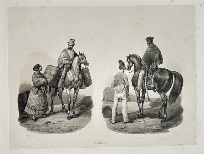 Louis-Auguste de Sainson (1800–1887) – View of Valparaíso, Chile – Lithograph: This topographical and ethnographic print is titled view of Valparaíso, Chile.The highly detailed rendering of the architecture and landscape suggests its origin in an official travel publication.Lou