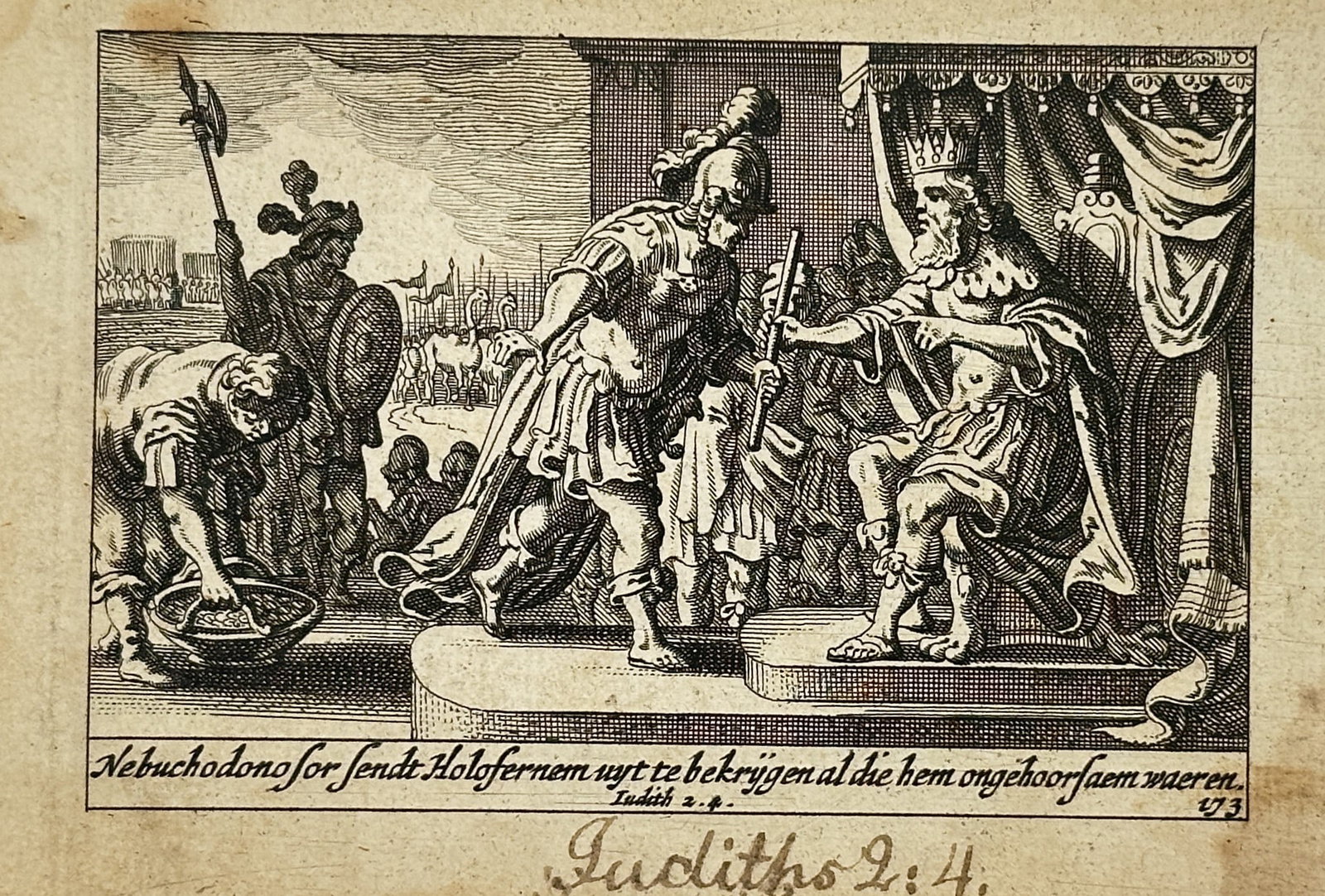 Pieter Hendriksz. Schut (1618–1660) – Nebuchadnezzar Sending Holofernes to Conquer – Etching: "Nebuchadonofor sendt Holofernem uyt te bekrygen al die hem ongehoorsaem waren" depicts the biblical scene from the Book of Judith where the Babylonian king Nebuchadnezzar commands his general, Holofe