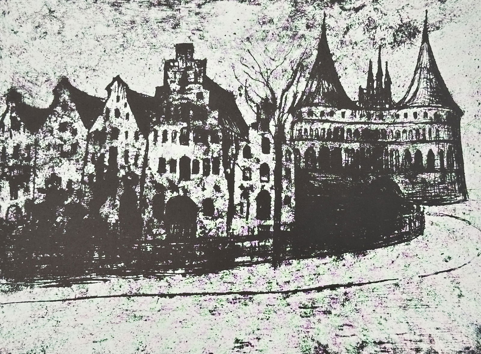 Edvard Munch (1863–1944), after – View of Lubeck – Offset print (20th Century): "BYEN" depicts a dark, expressive cityscape of Lübeck, featuring the Holstentor gate with its twin conical towers and the gabled houses characteristic of the Hanseatic port. The work utilizes a grain