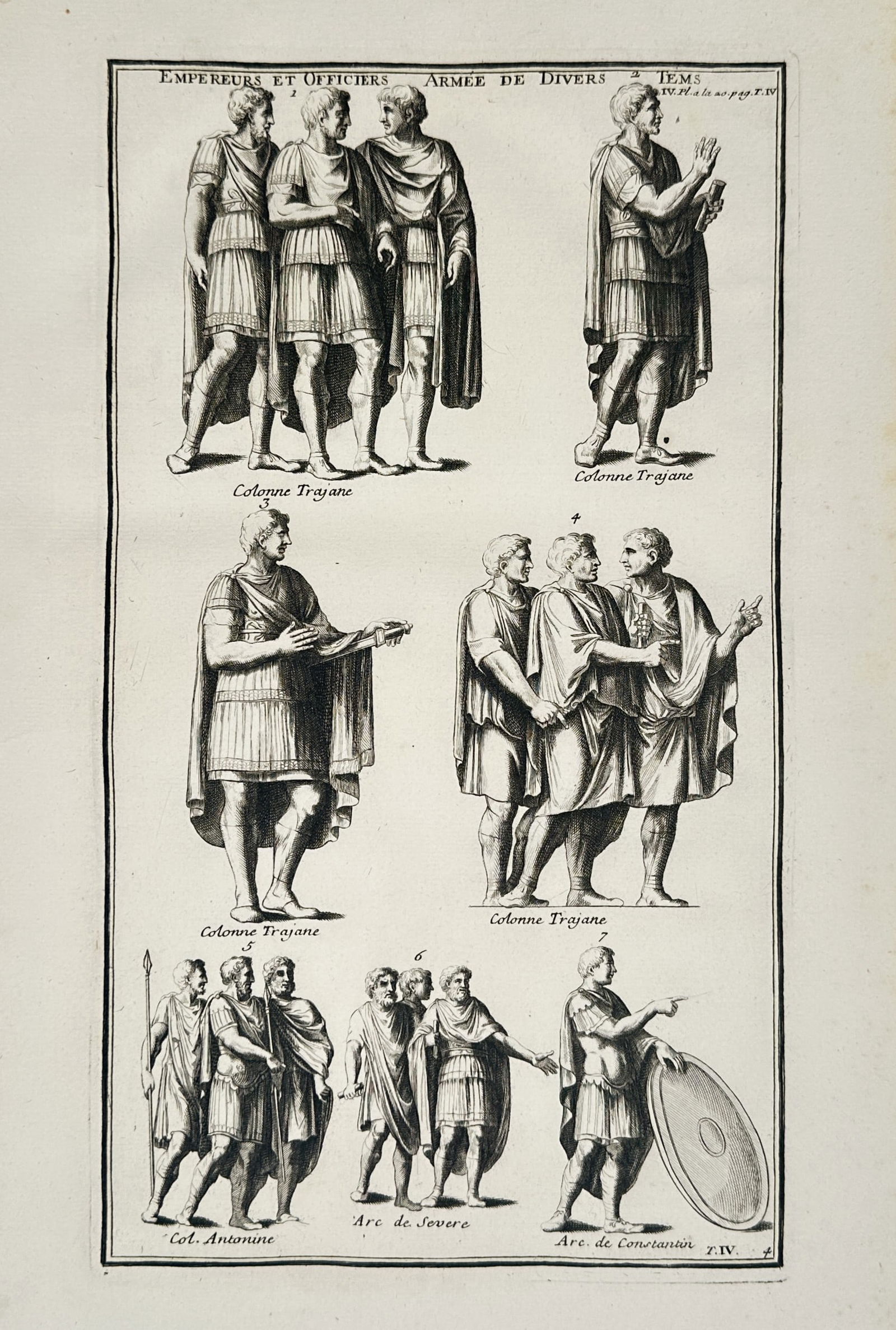 Bernard de Montfaucon (1655–1741) – Historical Study of Roman Emperors and Officers –: "Empereurs et Officiers Armée de Divers Tems" illustrates several groups of high-ranking Roman military figures as depicted on monumental classical structures, including the Column of Trajan, the Col