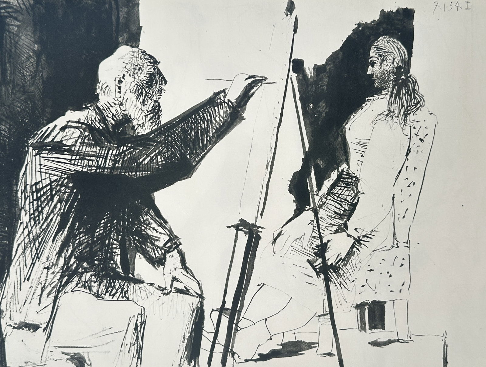 Pablo Picasso (1881-1973), after – Painter and Model – Offset print (20th Century): "Le Peintre et son Modèle" depicts an artist at an easel working on a portrait of a seated female model. This work is an offset print from the series of drawings produced by the artist in Vallauris b