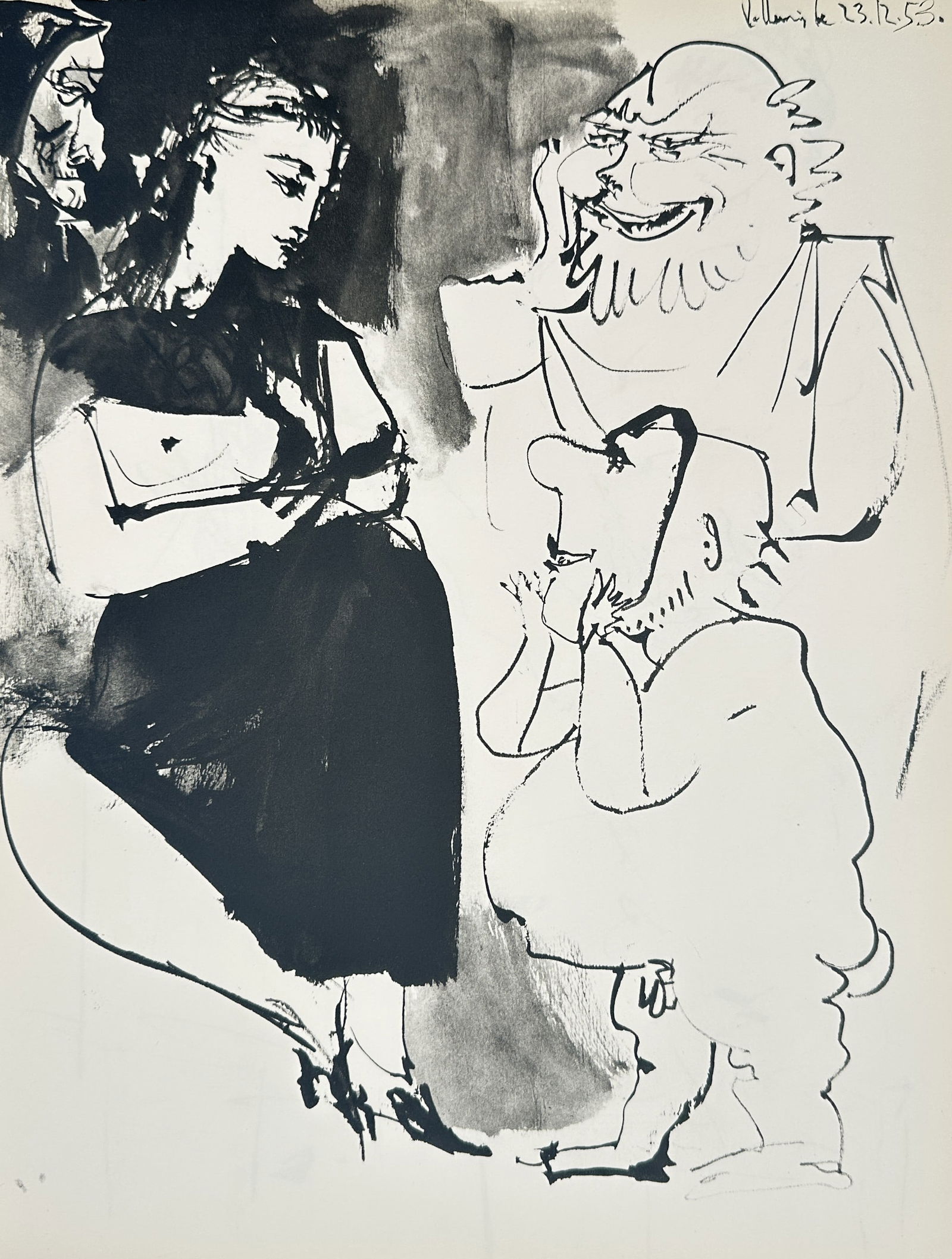 Pablo Picasso (1881-1973), after – Model and Surreal Figures – Offset print (20th Century): "Modèle et Personnages" depicts a seated female model observed by a large, expressive face and a small, squatting figure. This work is an offset print from the series of drawings produced by the arti