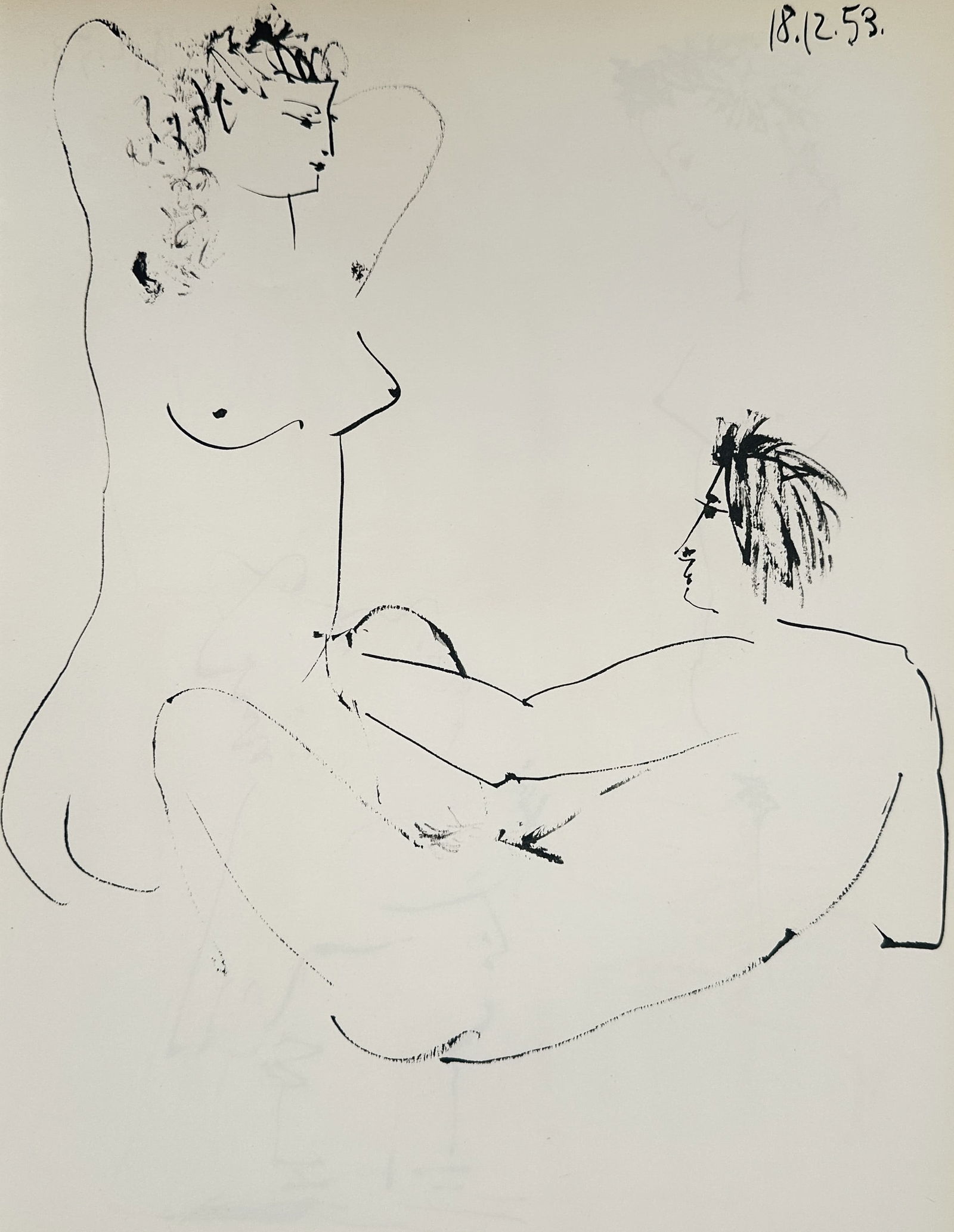 Pablo Picasso (1881-1973), after – Two Nudes – Offset print (20th Century): "Deux Nus" depicts a standing female nude with her arms raised behind her head, observed by a seated or reclining figure. This work is an offset print from the series of drawings produced by the artis
