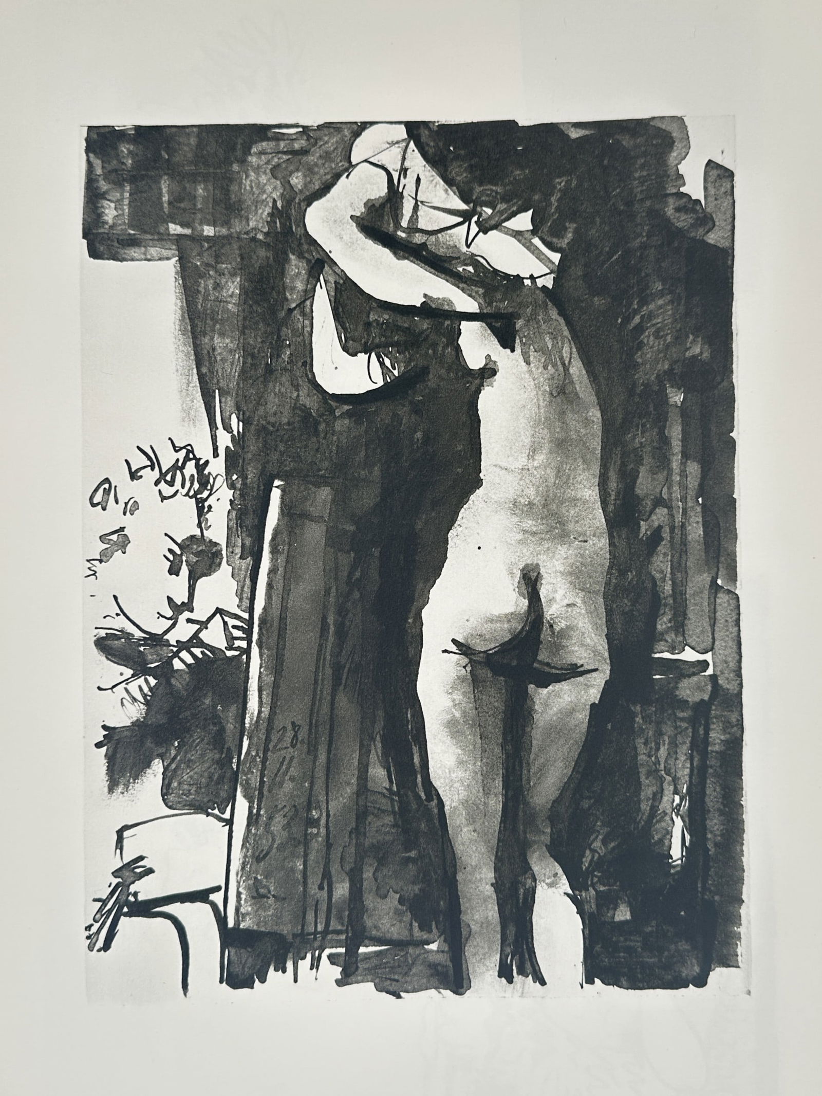 Pablo Picasso (1881-1973), after – Standing Nude and Seated Figure – Offset print (20th Century): "Le Peintre et son Modèle" depicts a standing female nude seen from behind, positioned before a dark background and a seated observer. This work is an offset print from the series of drawings produce