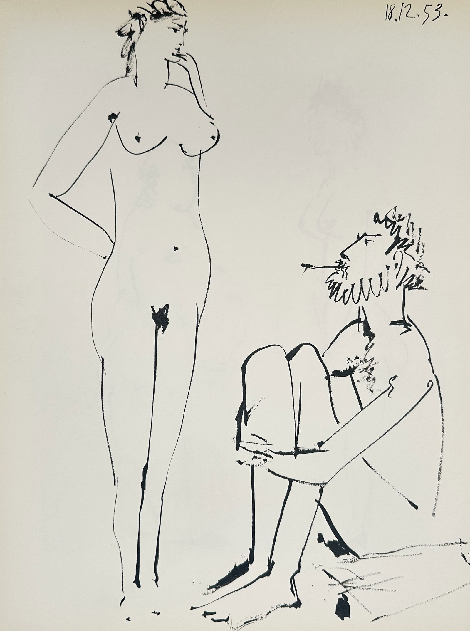Pablo Picasso (1881-1973), after – Standing Nude and Seated Artist – Offset print (20th Century): "Nu Debout et Homme Assis" depicts a standing female nude in a pensive pose, observed by a bearded, seated man smoking a pipe. This work is an offset print from the series of drawings produced by the