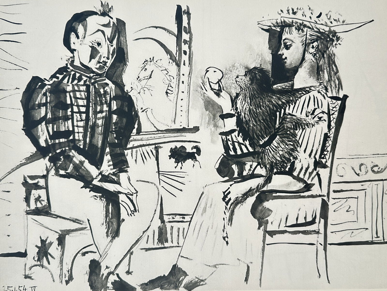 Pablo Picasso (1881-1973), after – Harlequin and Woman with Monkey – Offset print: "Arlequin et Femme au Singe" depicts a seated Harlequin in a patterned costume facing a seated woman who holds a small monkey. This work is an offset print from the series of drawings produced by the