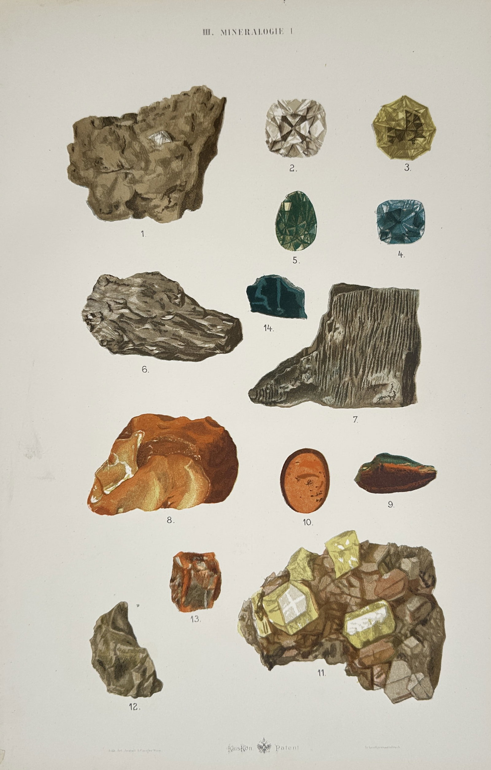 Gustav von Hayek (1836-1911) – Mineralogical Specimens – Large Folio: "Mineralogie I" depicts a variety of mineral and gemstone specimens, including raw crystalline structures, polished amber, and multi-faceted cut jewels in shades of emerald green, sapphire blue, and d