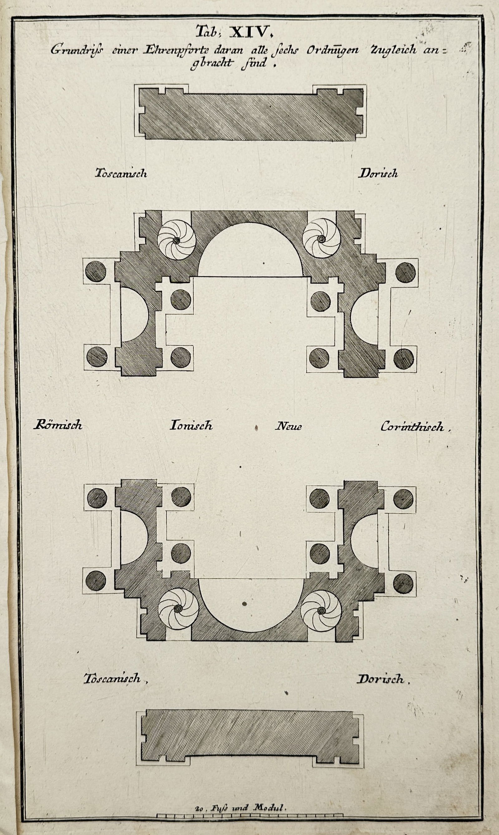 Nikolaus Goldmann (1611–1665) – Ground Plan Study of a Triumphal Arch – Engraving (1696): "Tab. XIV. Grundriß einer Ehrenpforte daran alle sechs Ordnungen zugleich angebracht sind." depicts a technical architectural ground plan for a triumphal arch designed to incorporate all six architec