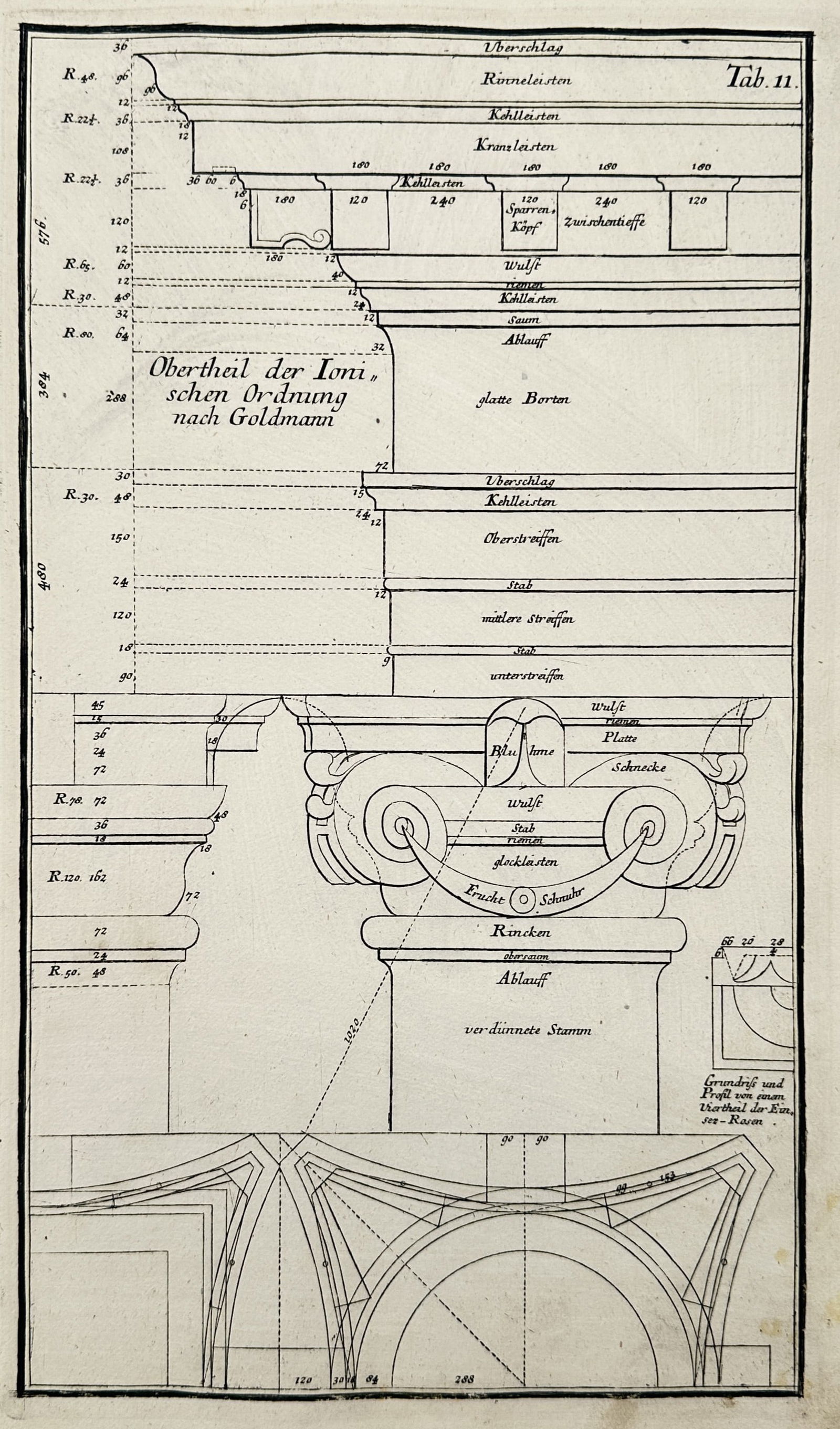 Nikolaus Goldmann (1611-1665) – Architectural Study of Ionic Column Capital – Engraving (1696) (1 of 2)