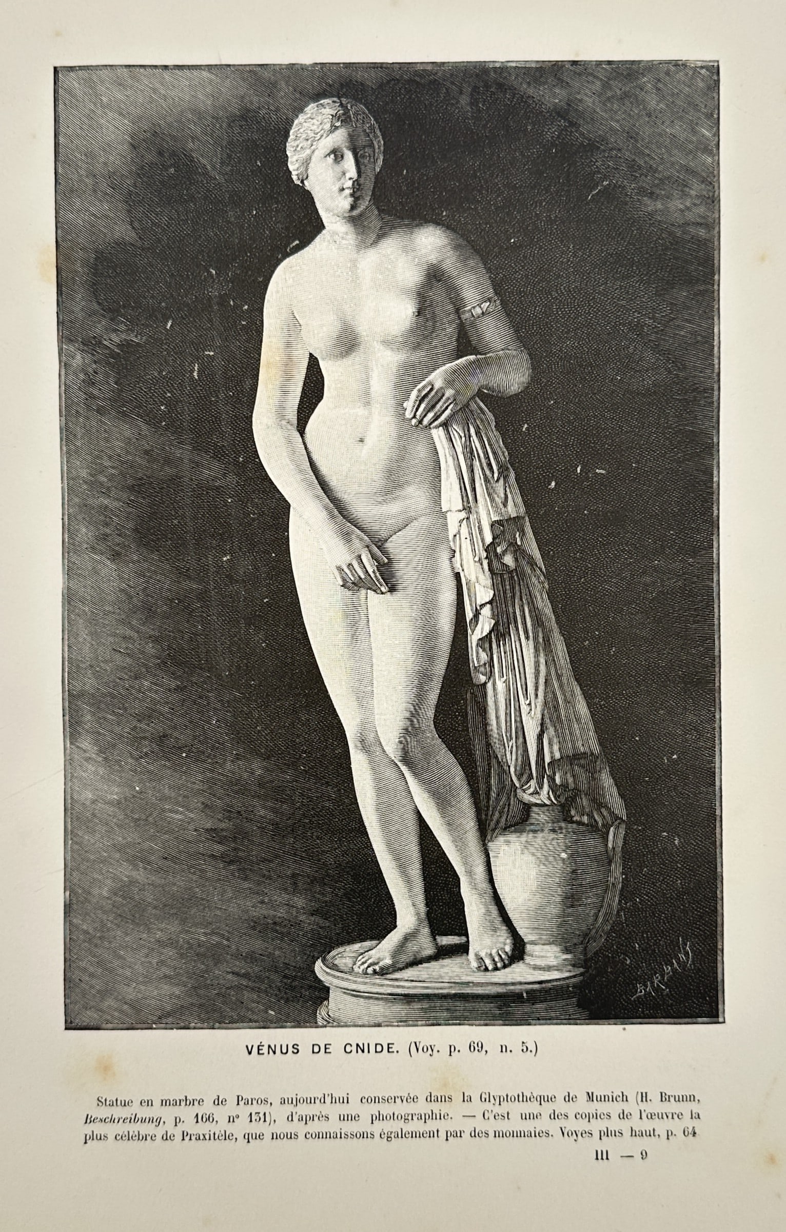 Victor Duruy (1811-1894) – Aphrodite of Cnidus – Lithograph (20th Century): "Venus de Cnide." depicts a marble copy of the renowned ancient Greek sculpture by Praxiteles, representing the goddess Aphrodite as she prepares for a ritual bath. The figure is shown standing in a m