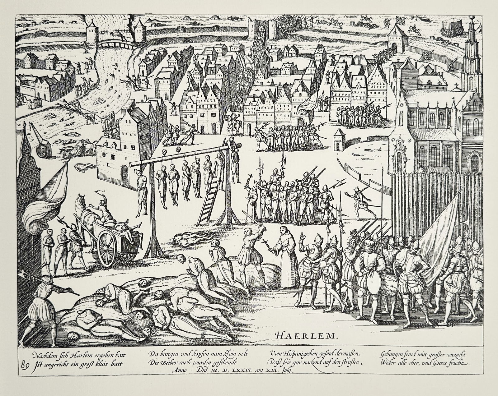Frans Hogenberg (1535–1590), after – Execution of Citizens in Haarlem – Lithograph (20th: "Haerlem." depicts the mass execution of citizens following the Siege of Haarlem in 1573 during the Eighty Years' War. The scene illustrates multiple forms of execution including hanging, beheading, a