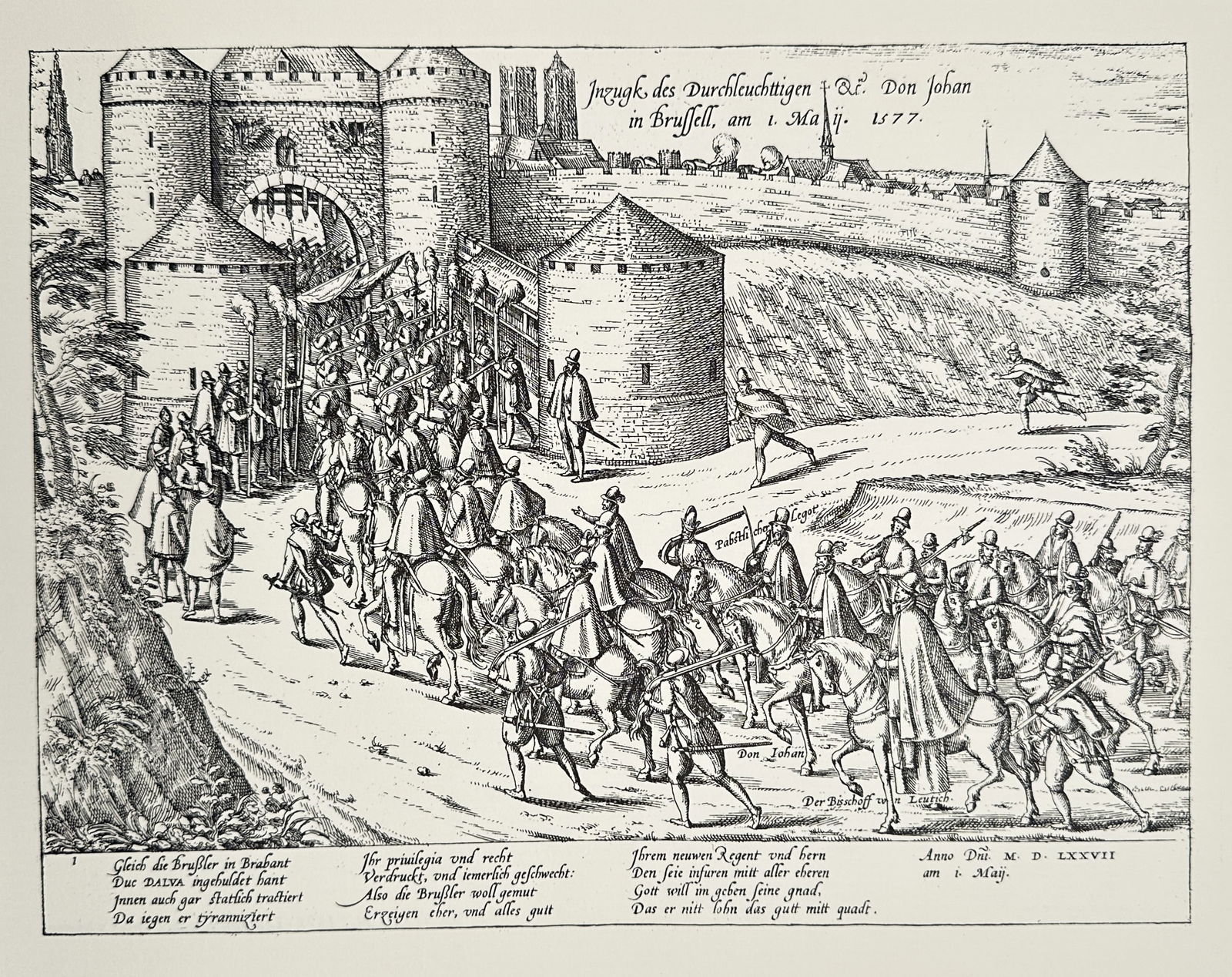 Frans Hogenberg (1535–1590), after – Arrival of Don John of Austria in Brussels – Lithograph (1 of 2)