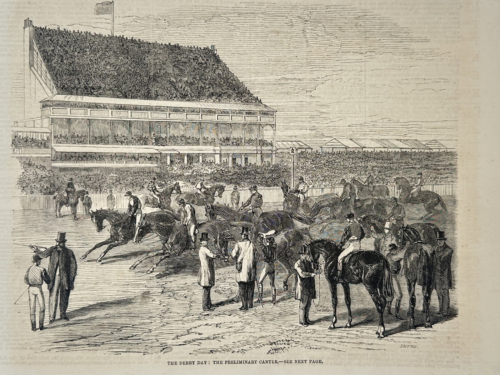 William Powell Frith – The Derby Day: The Preliminary Canter – Wood engraving (1850): "The Derby Day: The Preliminary Canter," depicts the bustling scene at the Epsom Derby as racehorses and their jockeys perform their traditional warm-up gallop before the grandstand. The composition c