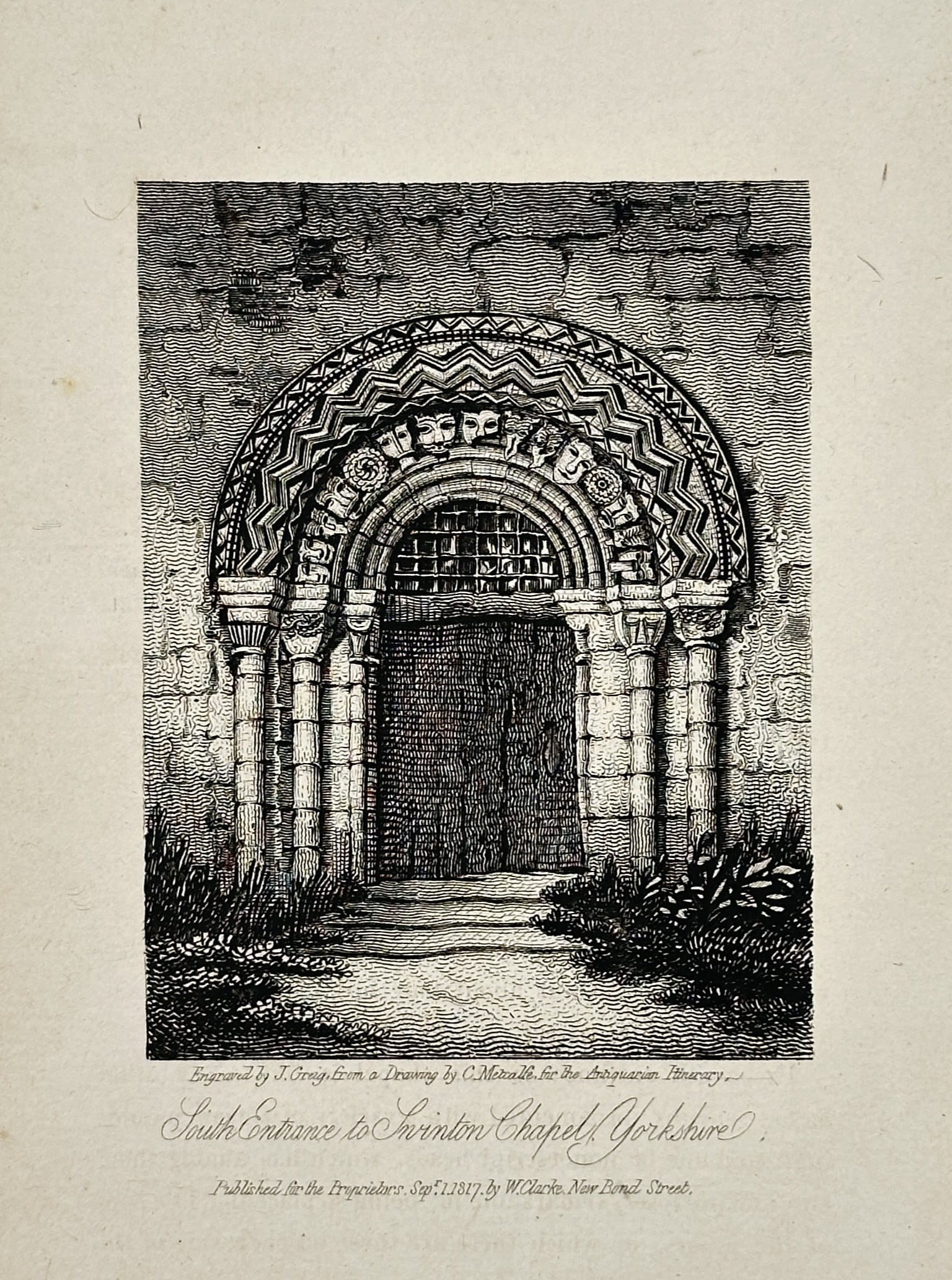 John Greig (fl. 1800–1853) – South Entrance to Swinton Chapel, Yorkshire – Engraving (1817) (1 of 2)