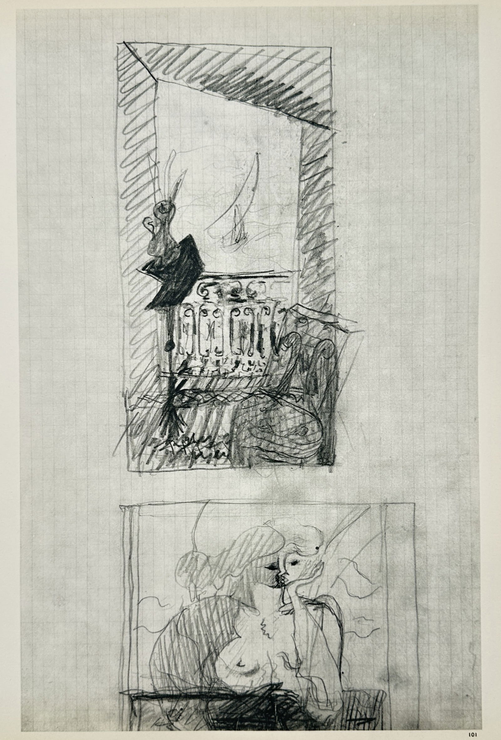 Georges Braque (1882–1963), after – Sketches of an Interior and Nude – Offset print (20th: Sketches of an Interior and Nude. This work features two distinct sketches, with the upper portion showing an interior view of a room with a window and balcony, and the lower portion depicting a recli
