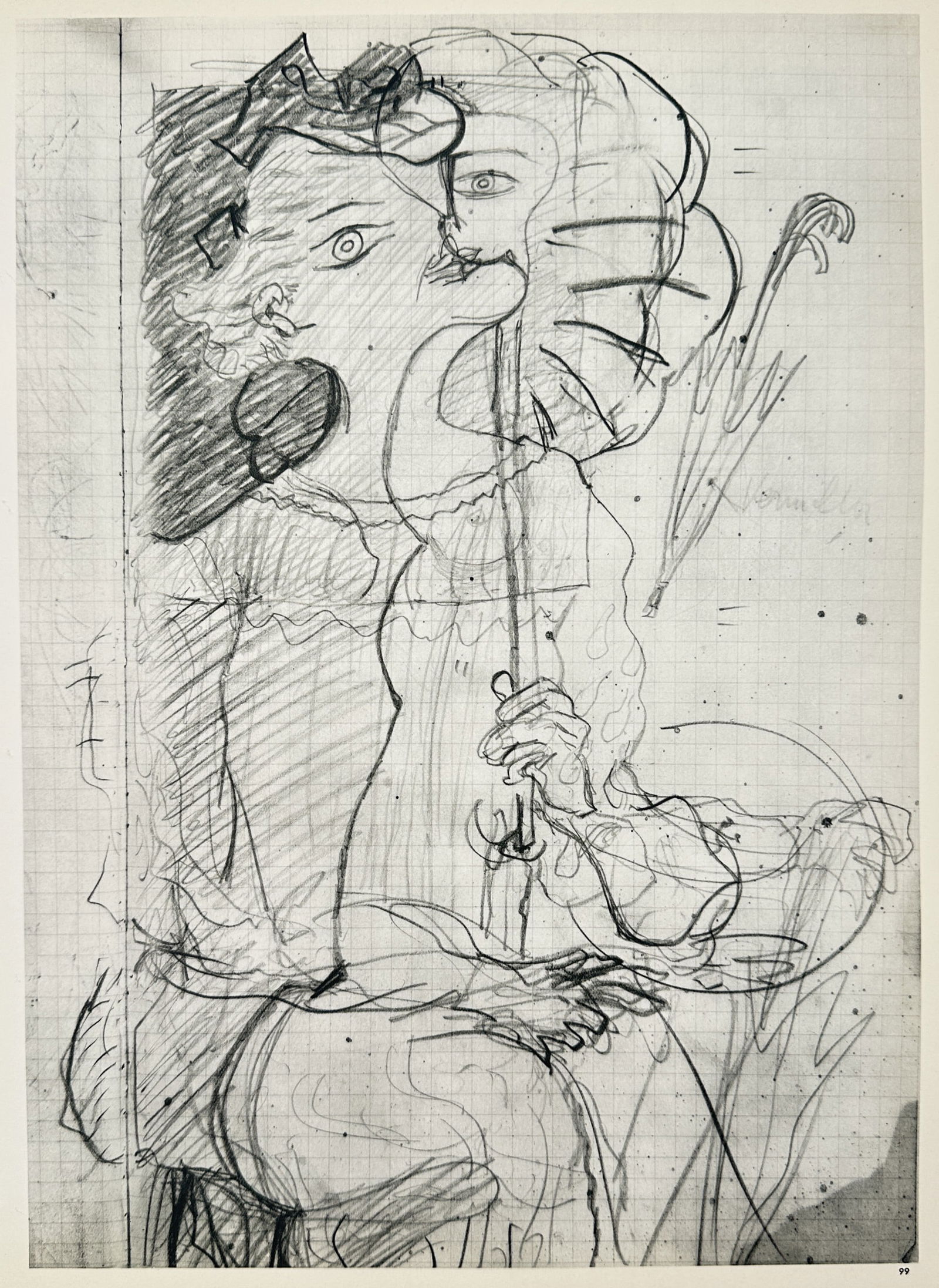 Georges Braque (1882–1963), after – Sketches of Figures – Offset print (20th Century): "Sketches of Figures". This work features a series of overlapping, gestural sketches executed on graph paper, primarily depicting a profile of a face integrated with various linear forms and an umbrel