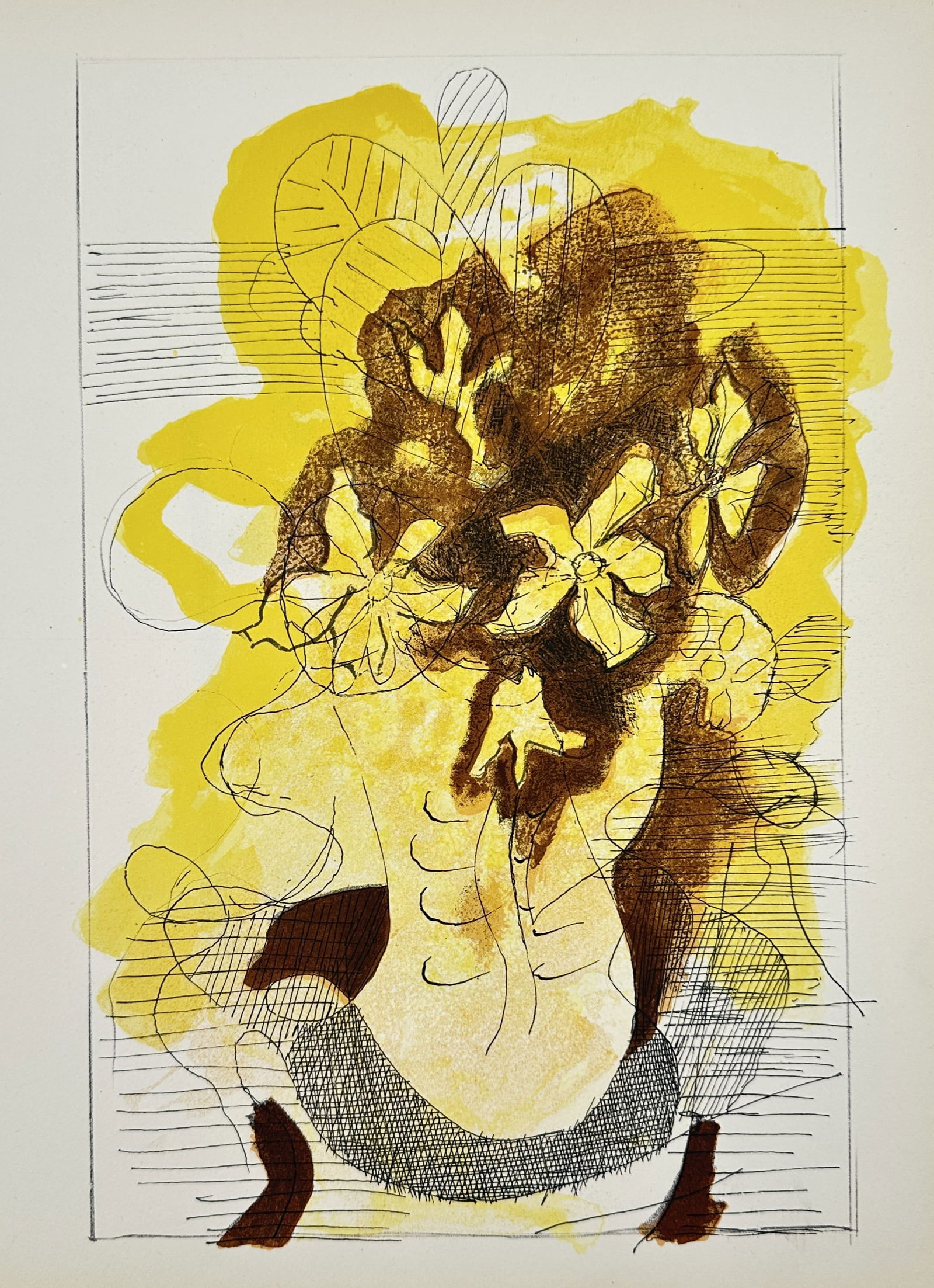 Georges Braque (1882–1963), after – Female Figure with Flowers – Offset print (20th Century): "Female Figure with Flowers". This work features a stylized composition in yellow and brown tones, depicting the back of a female figure whose hair is intertwined with floral blooms. The piece combine