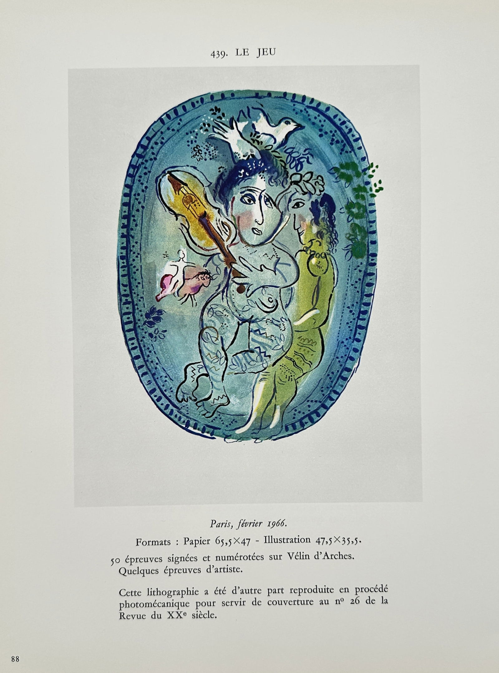 Marc Chagall (1887–1985), after – The Game – Offset print (20th Century): "Le Jeu". This work depicts a dreamlike, oval composition featuring a blue-toned figure playing a violin, accompanied by a secondary green figure, a bird perched on the musician's head, and a small an