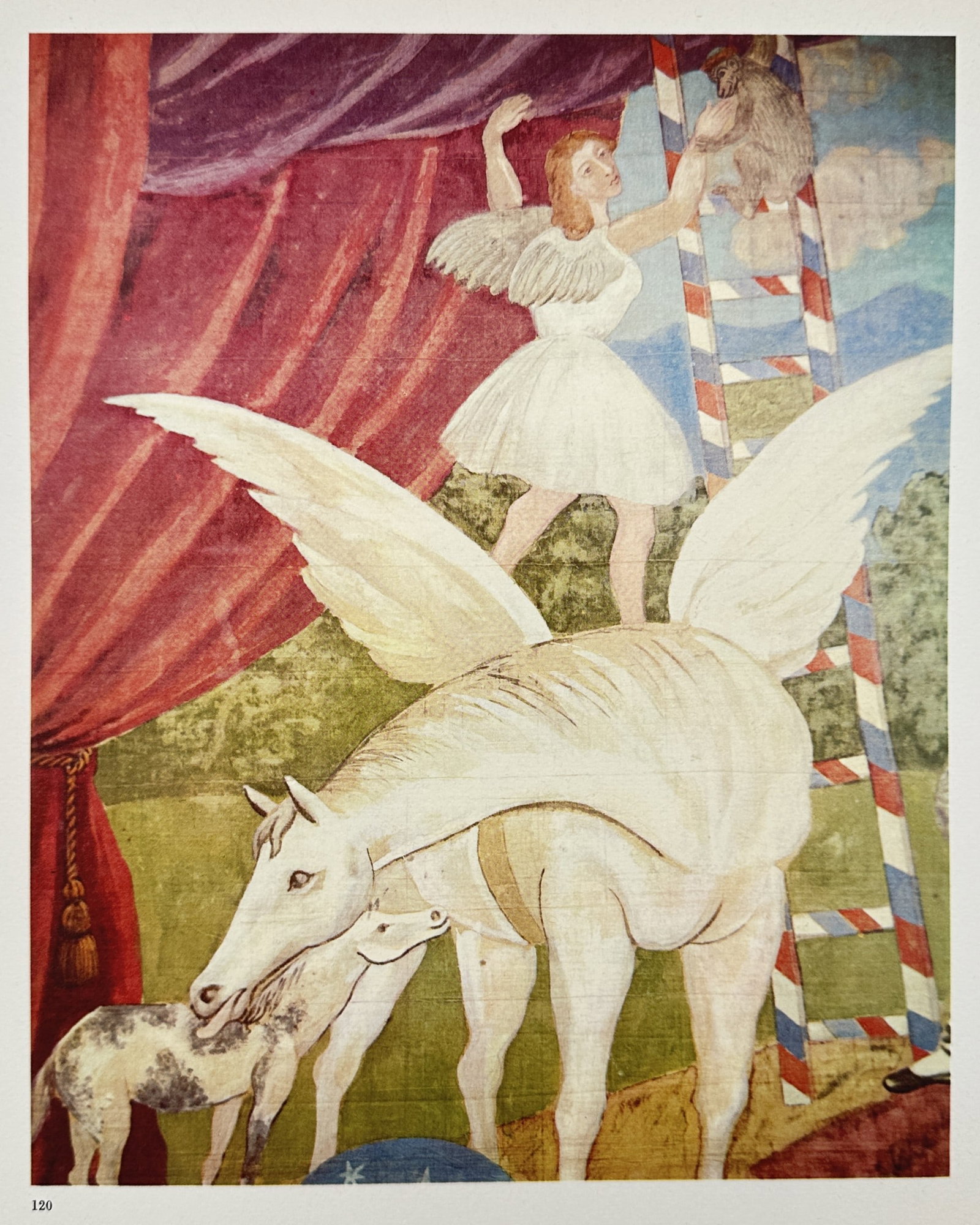 Pablo Picasso (1881–1973), after – Parade Stage Curtain – Offset print (20th Century): "Parade Stage Curtain". This work depicts a large scale theatrical scene featuring a winged white horse, Pegasus, being nuzzled by a smaller foal in the foreground. A winged female figure in a white d