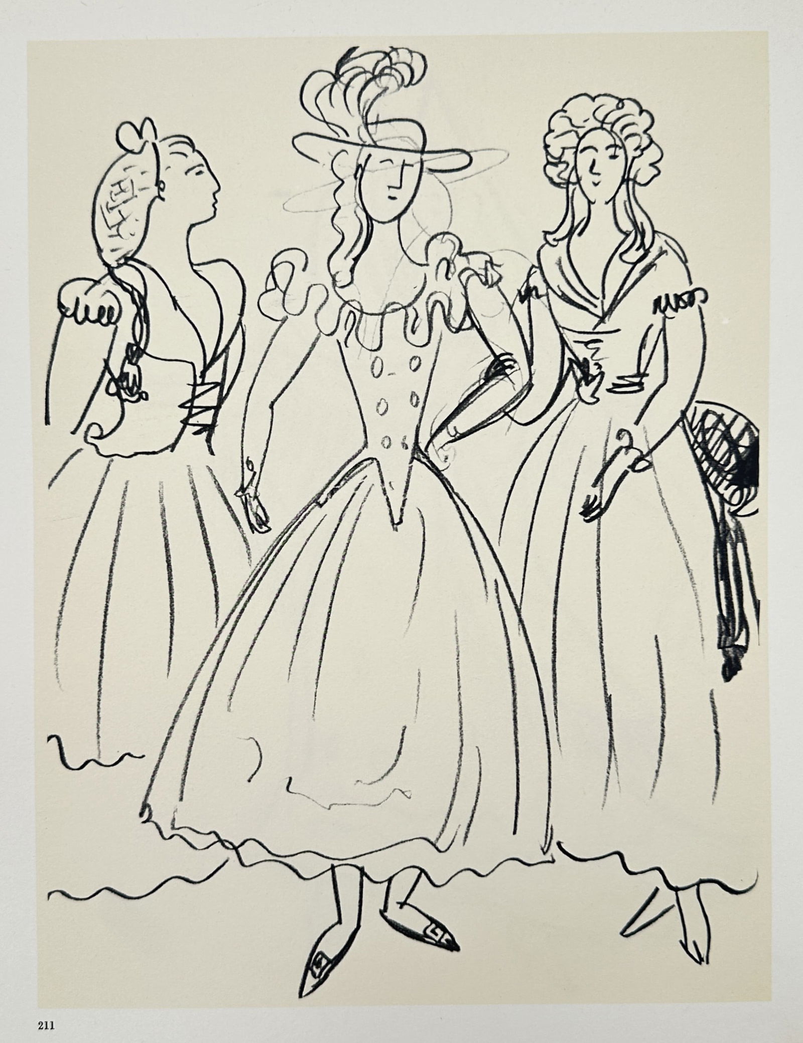 Pablo Picasso (1881–1973), after – Three Figures in Costume – Offset print (20th Century): "Three Figures in Costume". This work features a gestural black ink sketch of three female figures dressed in elaborate historical or theatrical costumes, with the central figure wearing a wide-brimme