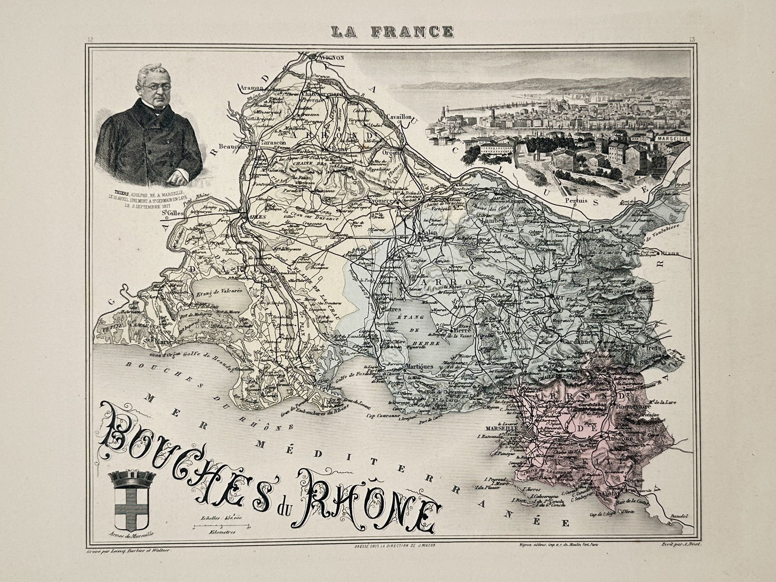 Alexandre Vuillemin (1812–1886) – Map of Bouches du Rhône – France – Engraving (1893): "Bouches du Rhône" depicts the geography of the Bouches du Rhône department in Provence, France, including detailed administrative borders, topography, and a vignette of the port of Marseille. The m