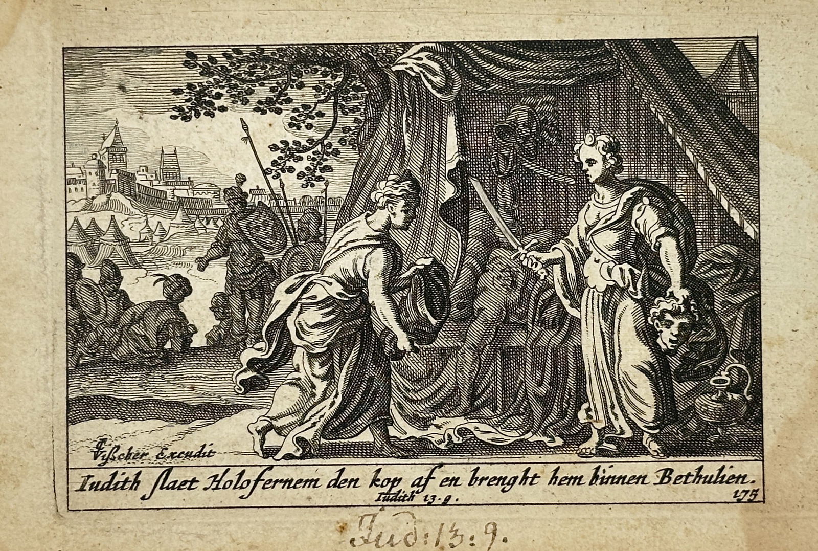 Pieter Hendriksz. Schut (1618–1660) – Judith Beheading Holofernes – Etching (1659): "Iudith slaet Holofernem den kop af en brenght hem binnen Bethulien" depicts the climactic biblical scene from the Book of Judith where the heroine decapitates the sleeping Assyrian general in his ten