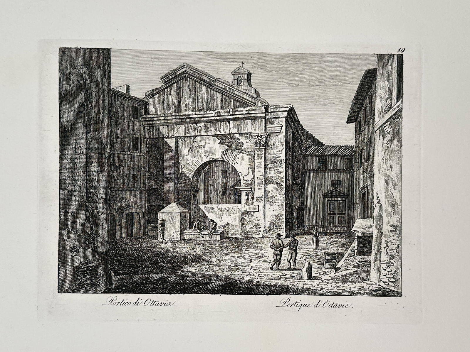 Pietro Parboni (1763–1841) – View of the Portico of Octavia – Etching (18th Century): "Portico di Ottavia" depicts the monumental ruins of the ancient Roman gateway featuring Corinthian columns and a large pediment captured from a low perspective within the streets of the Roman Ghetto,