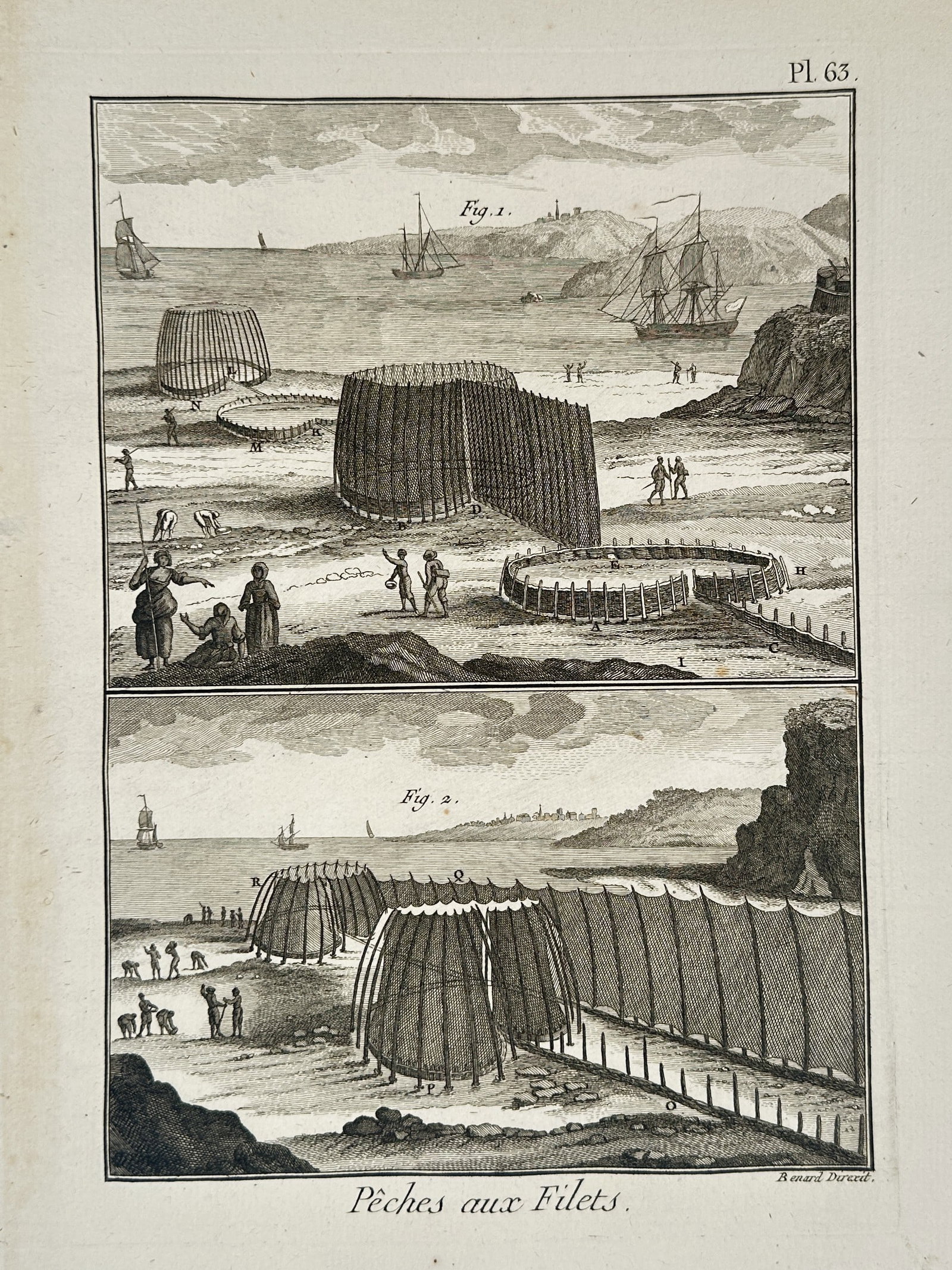 Robert Bénard (1734–1777) – Technical Maritime Study of Net Fishing – Engraving (18th: "Pêches aux Filets" illustrates several large-scale net fishing operations conducted along a coastal shoreline, showcasing the technical apparatus of the eighteenth-century maritime industry. The com