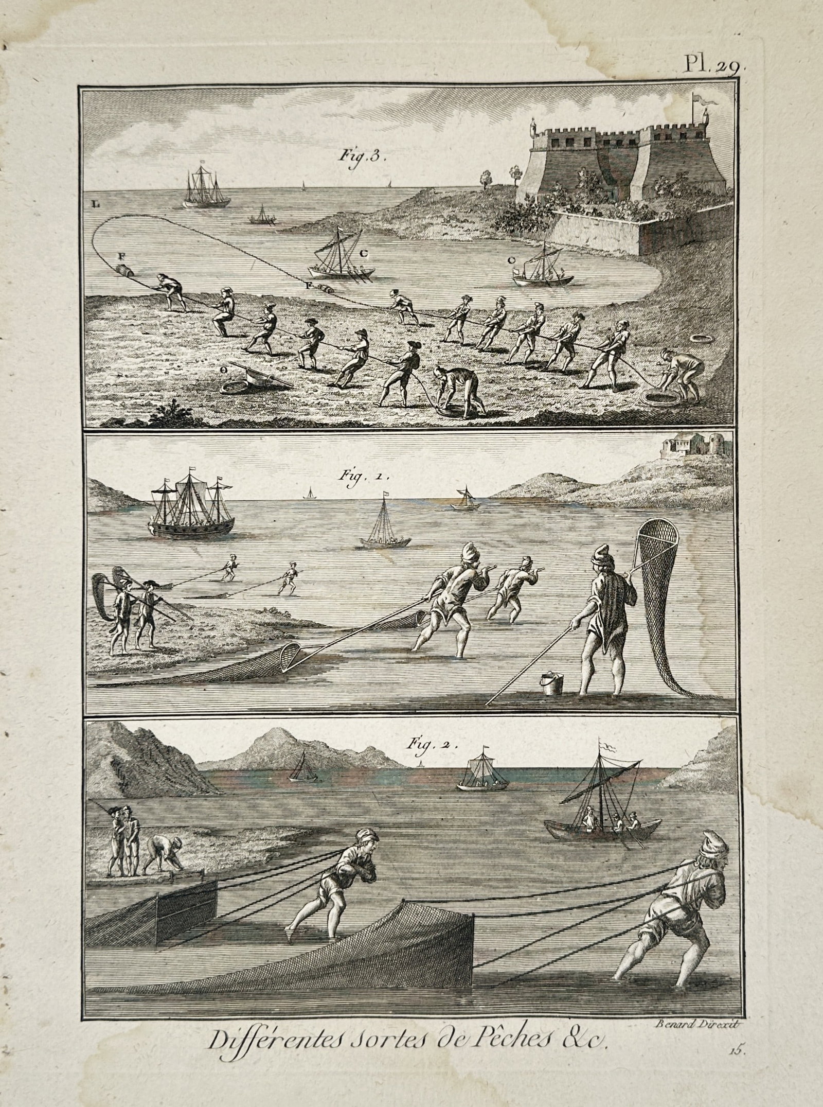 Robert Bénard (1734–1777) – Technical Maritime Study of Coastal Net Fishing – Engraving: "Différentes sortes de Pêches &c." illustrates three distinct methods of shore-based net fishing as practiced in the eighteenth century. The upper scene depicts a group of eighteen men on a beach pu