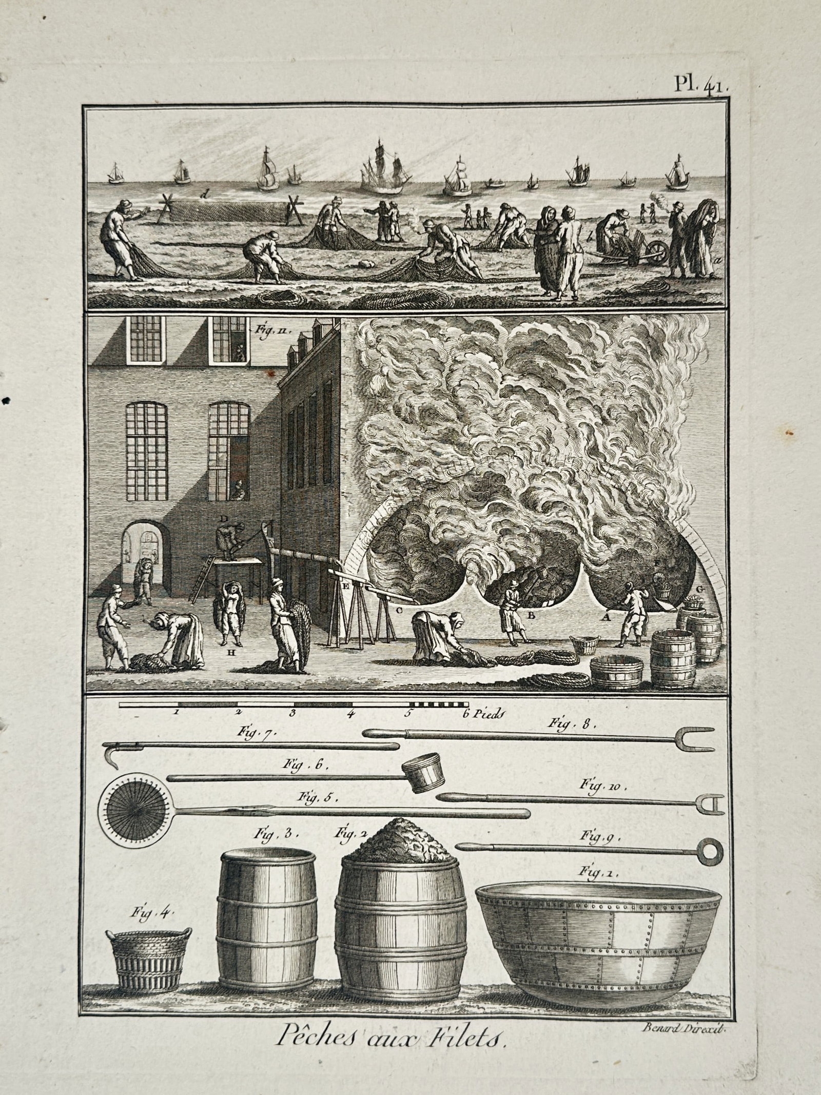 Robert Bénard (1734–1777) – Technical Study of Commercial Fishing and Fish Processing: "Pêches aux Filets" illustrates three distinct stages of the eighteenth-century fishing industry, ranging from coastal harvesting to industrial processing. The upper section depicts fishermen on a be