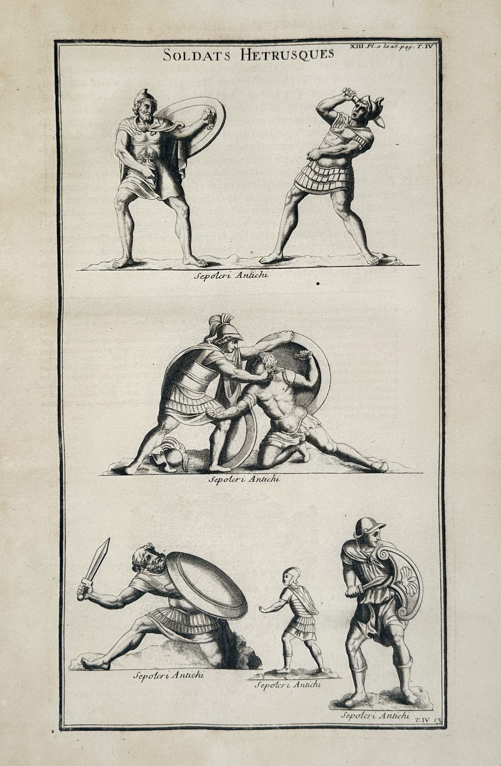 Bernard de Montfaucon (1655–1741) – Study of Etruscan Soldiers – Engraving (1719–1724) (1 of 2)