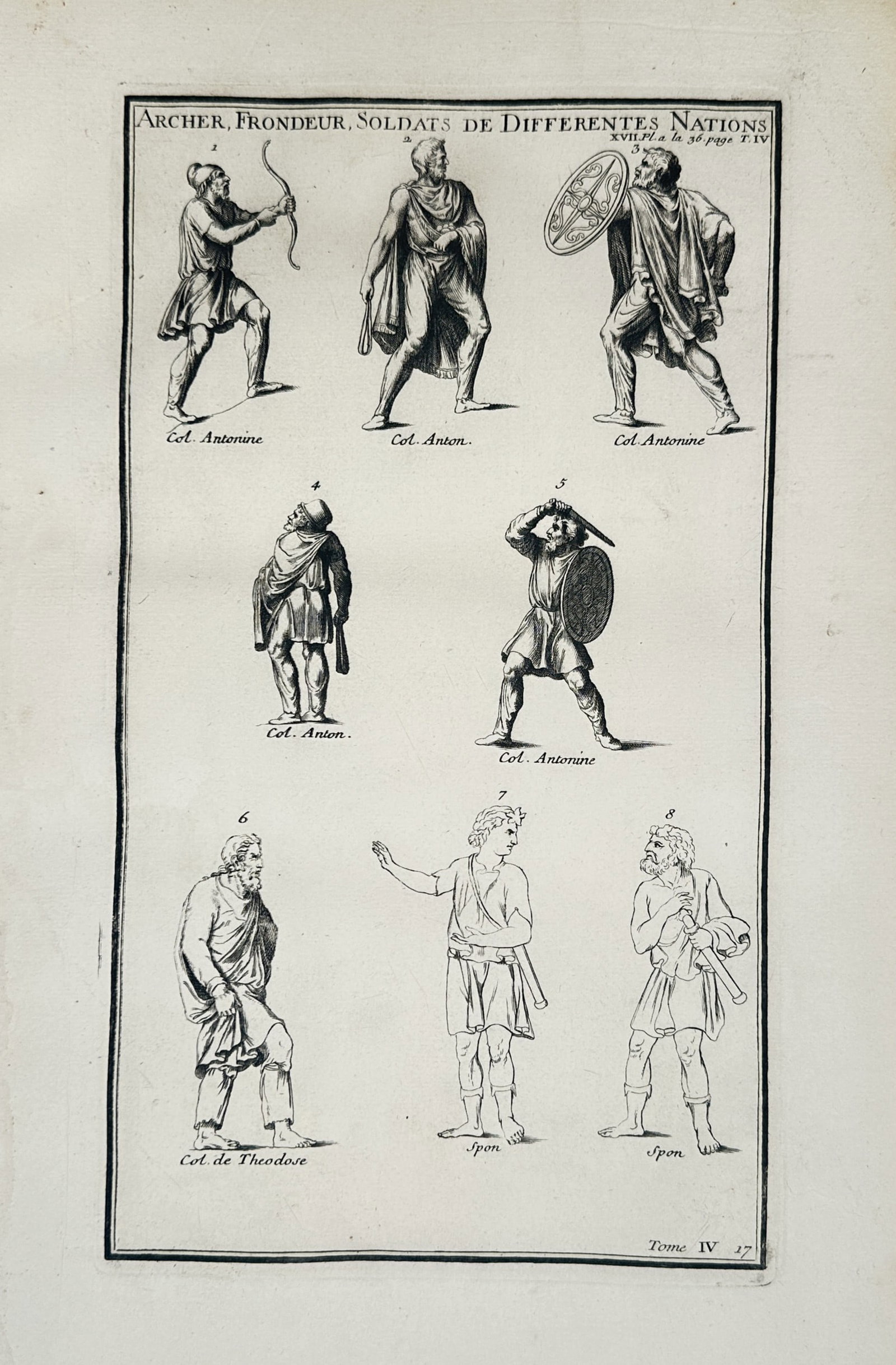 Bernard de Montfaucon (1655–1741) – Study of Archers, Slingers, and Soldiers of Different: "Archer, Frondeur, Soldats de Differentes Nations" illustrates eight distinct archaeological studies of ancient military figures from various civilizations. The upper register features an archer with