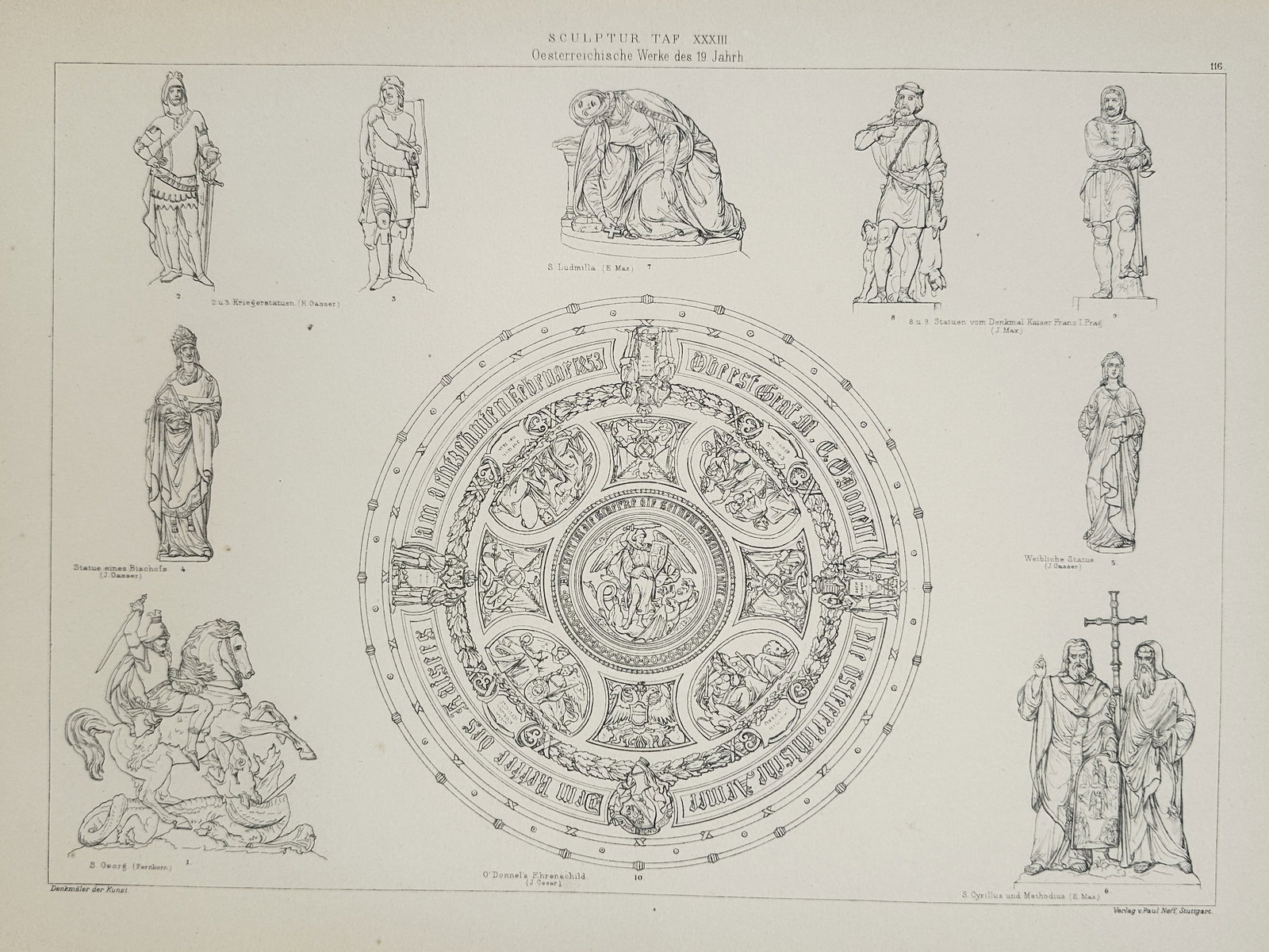 Paul Neff – Study of 19th Century Austrian Sculptures – Lithograph (19th Century): "Skulptur Taf. XXXIII. Oesterreichische Werke des 19. Jahrh" illustrates a collection of nine sculptural works and one large decorative shield representing the Austrian school of the nineteenth centur