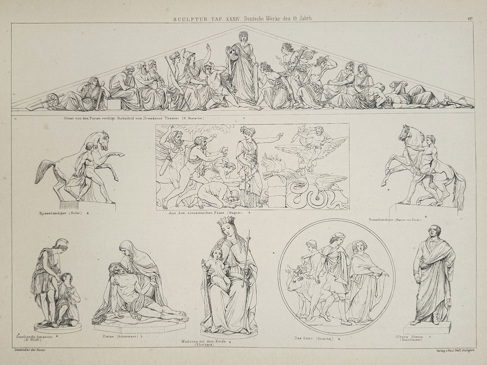 Paul Neff – Study of 19th Century German Sculptures and Pediments – Lithograph (19th Century) (1 of 2)
