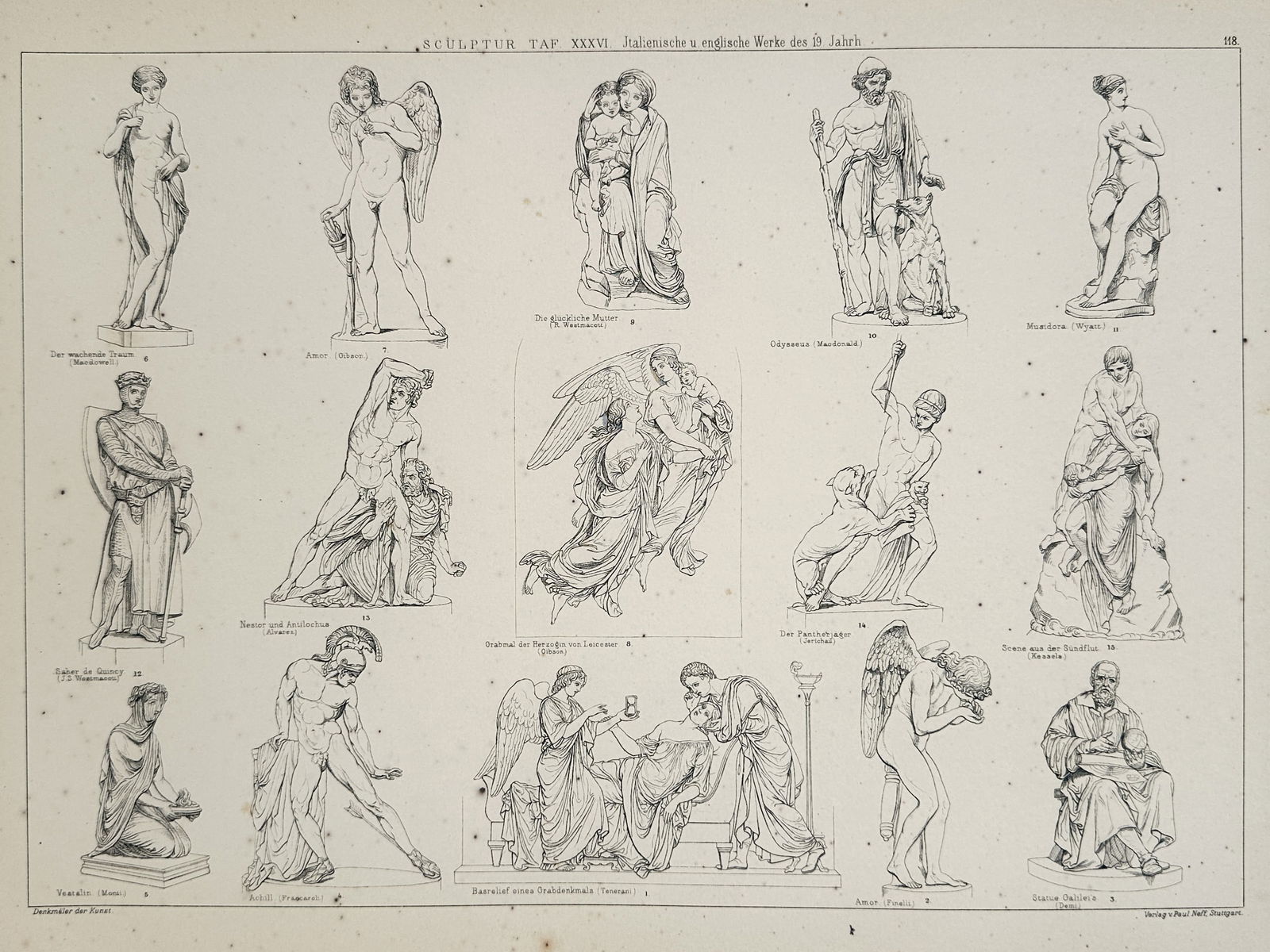 Paul Neff – Study of 19th Century Italian and English Sculptures – Lithograph (19th Century): "Sculptur Taf. XXXVI. Italienische u. englische Werke des 19. Jahrh" illustrates a collection of fifteen sculptural works and two large reliefs representing the Italian and English schools of the nine