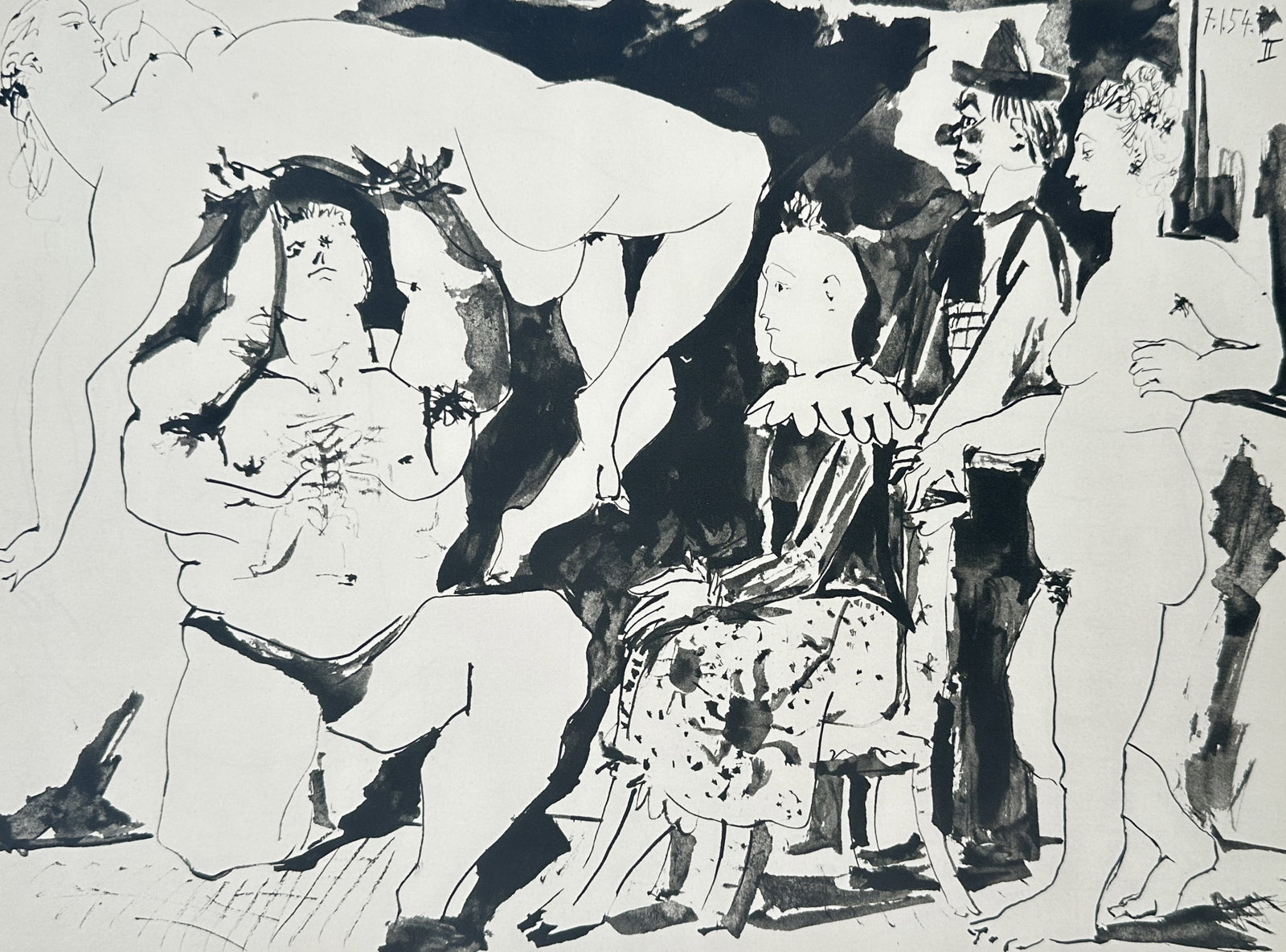 Pablo Picasso (1881-1973), after – Acrobat and Nude Figures – Offset print (20th Century): "L'Acrobate et Personnages" depicts a muscular male figure lifting a female nude acrobat above his head, while a seated woman and several other figures observe from the background. This work is an off