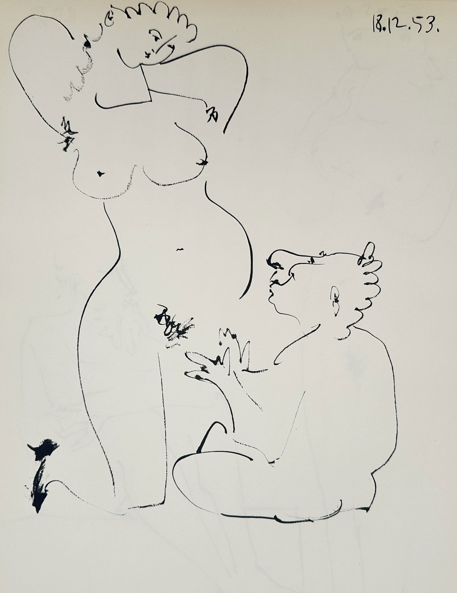 Pablo Picasso (1881-1973), after – Kneeling Nude and Seated Figure – Offset print (20th Century): "Femme à genoux et personnage" depicts a kneeling female nude with her hands behind her head, facing a seated figure with a distinctive profile. This work is an offset print from the series of drawin