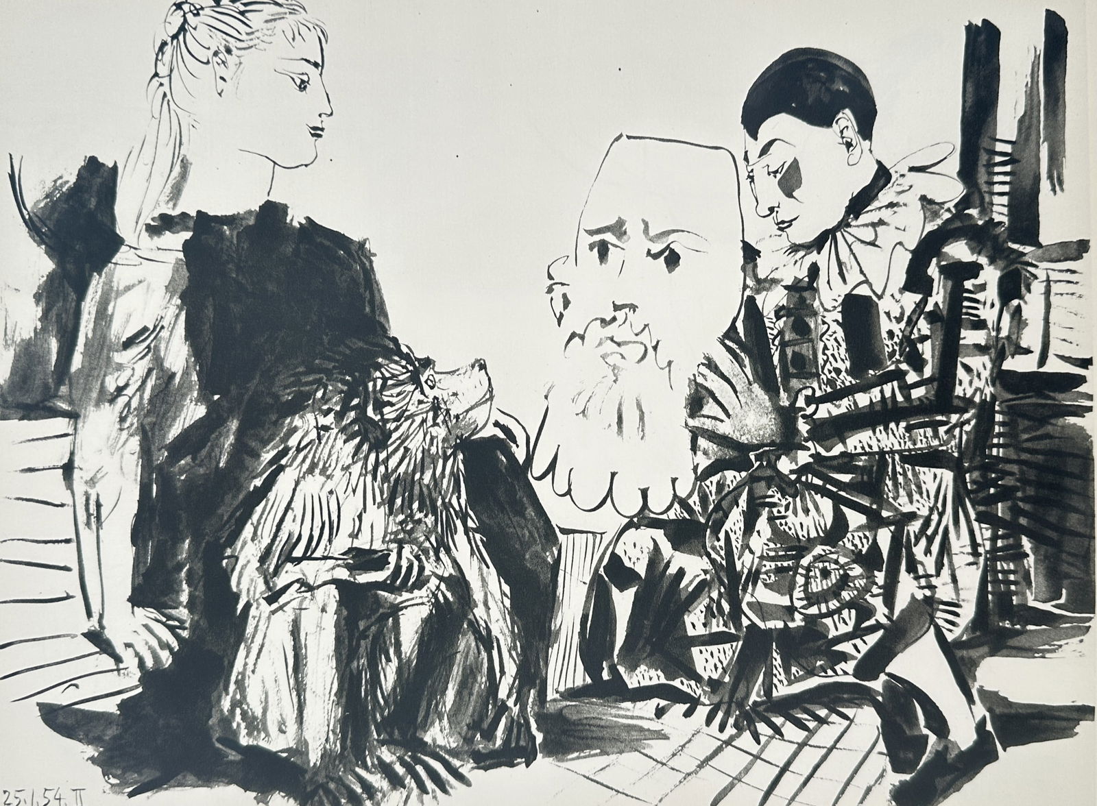 Pablo Picasso (1881-1973), after – Seated Figures with Monkey and Mask – Offset print: "Femme, Singe et Masque" depicts a seated woman and a figure in a ruff collar, possibly a clown or pierrot, separated by a large monkey and a disembodied bearded mask. This work is an offset print fro