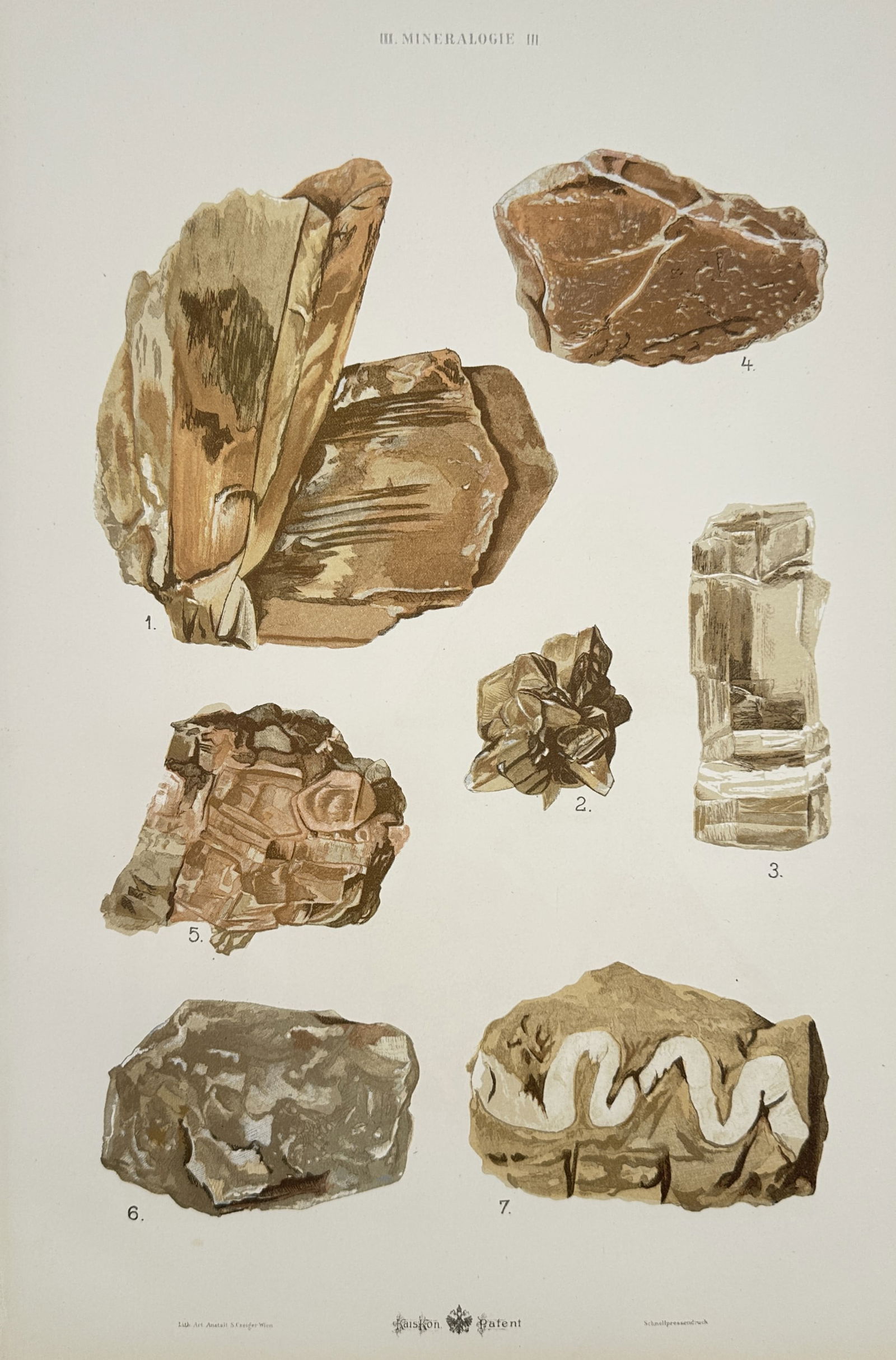 Gustav von Hayek – Mineralogical Formations and Earthy Specimens - Large Folio: "Mineralogie III" depicts various geological specimens in earth tones, including large crystalline clusters with layered surfaces, a tall columnar mineral formation, and a specimen featuring a distinc