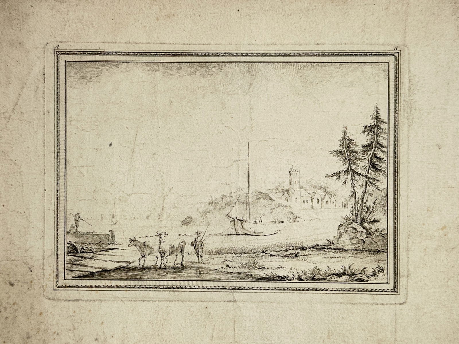 Antonio Senape (1788–1850) – Coastal Landscape with Figures and Livestock – Etching (1845) (1 of 2)