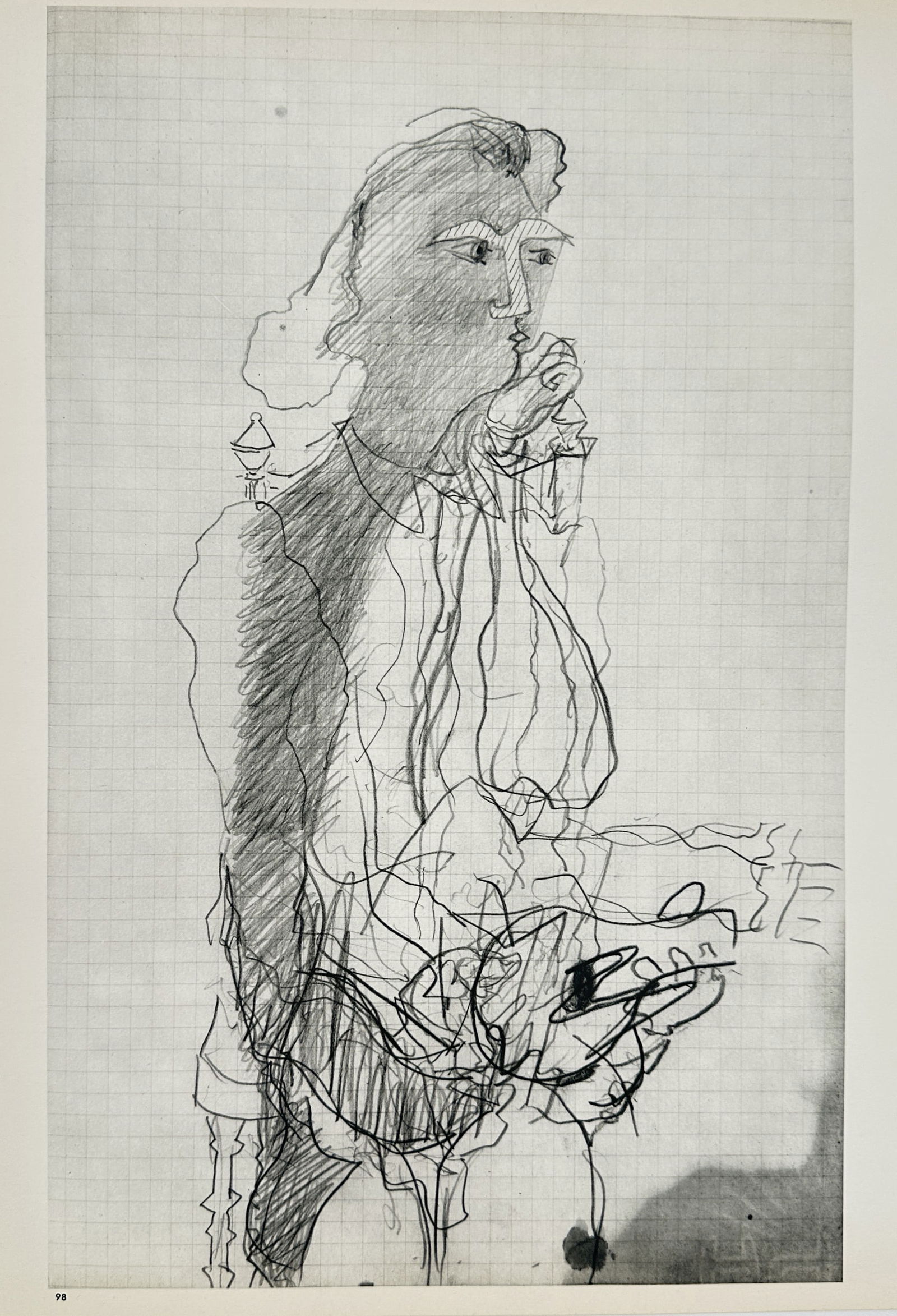 Georges Braque (1882–1963), after – Profile of a Figure – Offset print (20th Century): "Profile of a Figure". This work features a gestural pencil sketch on a grid-paper background, depicting the profile of a seated or standing figure resting their chin on their hand in a contemplative