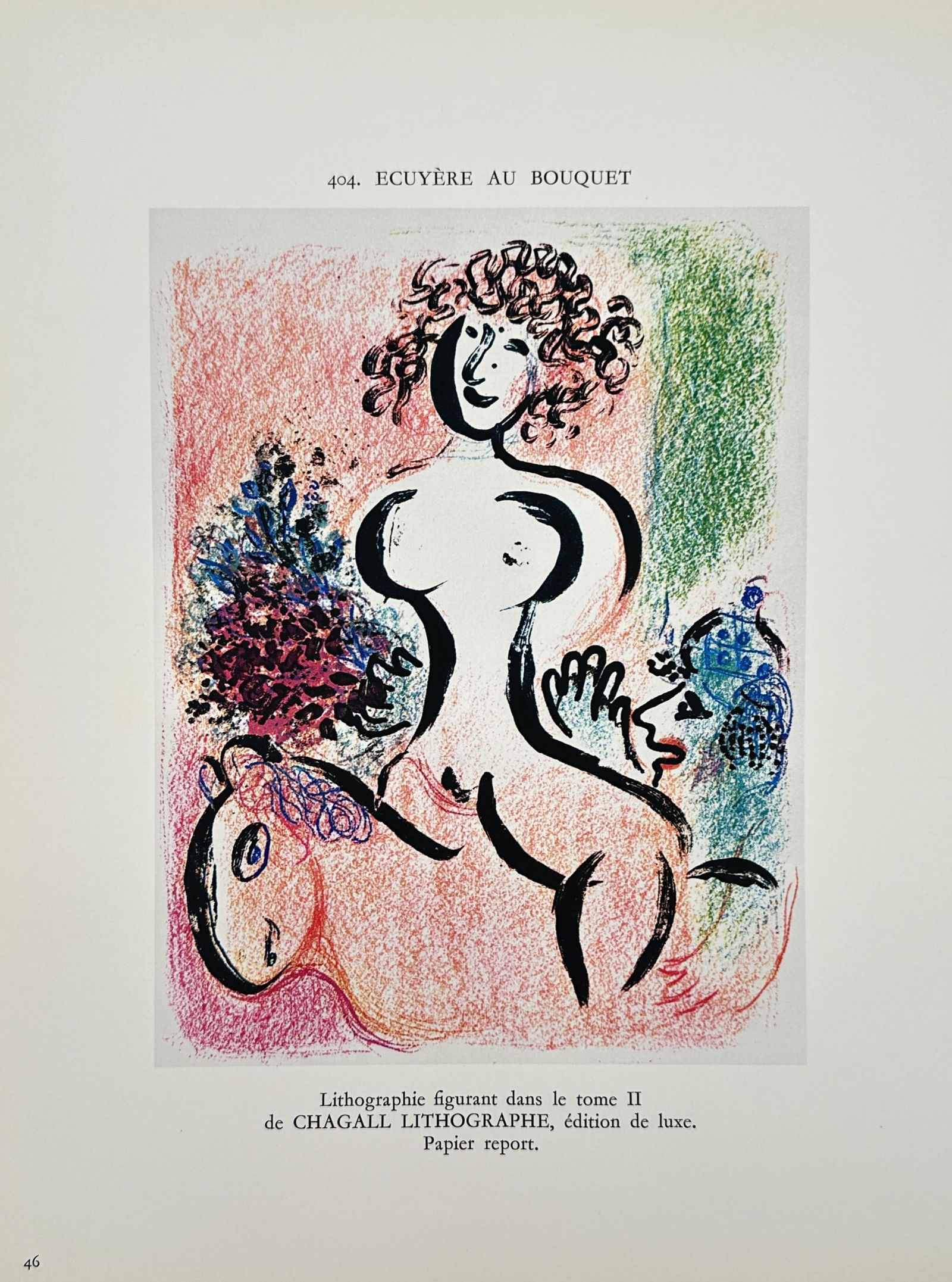 Marc Chagall (1887–1985), after – Female Rider with Bouquet – Offset print (20th Century): "Ecuyère au bouquet". This work depicts a female circus rider on a horse, holding a large, vibrant bouquet of flowers. The composition is rendered with the expressive, dreamlike use of color and flui