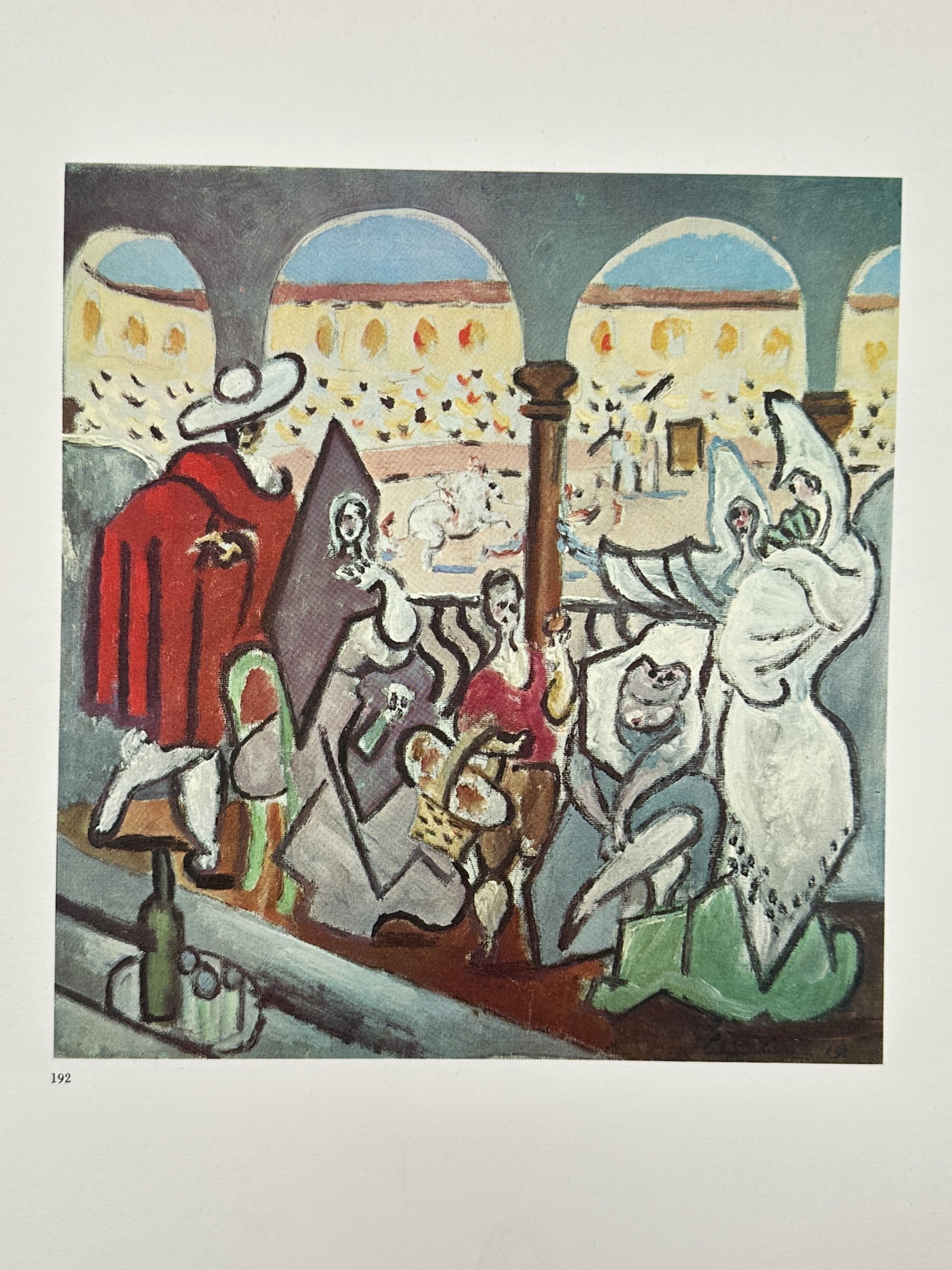 Pablo Picasso (1881–1973), after – Seated Figures at the Bullfight – Offset print (20th: "Les Spectateurs". This work features a colorful scene depicting figures in traditional Spanish attire, including a man in a red cape and women in mantillas, seated in an arched gallery overlooking a 
