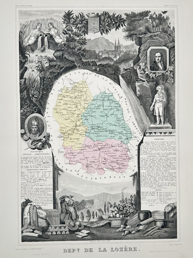 Victor Levasseur (1800–1870) – Map of the Department of Lozere (France) – Engraving (1852): Dept de la Lozere. This engraving presents a detailed geographical map of the Lozere department in southern France, characterized by its mountainous terrain and the source of the Tarn river. The centr