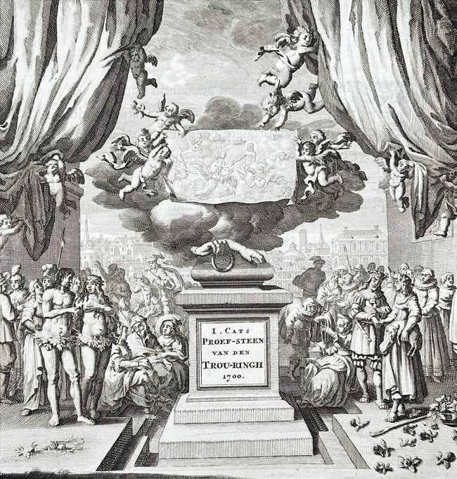 Jacob Cats (1577-1660) – Allegorical title page for Trou-ringh – Engraving (1700): "’S Weerelts begin, midden, eynde, besloten in den Trou-ringh." This engraving serves as a decorative title page for the work Trou-ringh (The Marriage Ring) by Jacob Cats. The composition features a