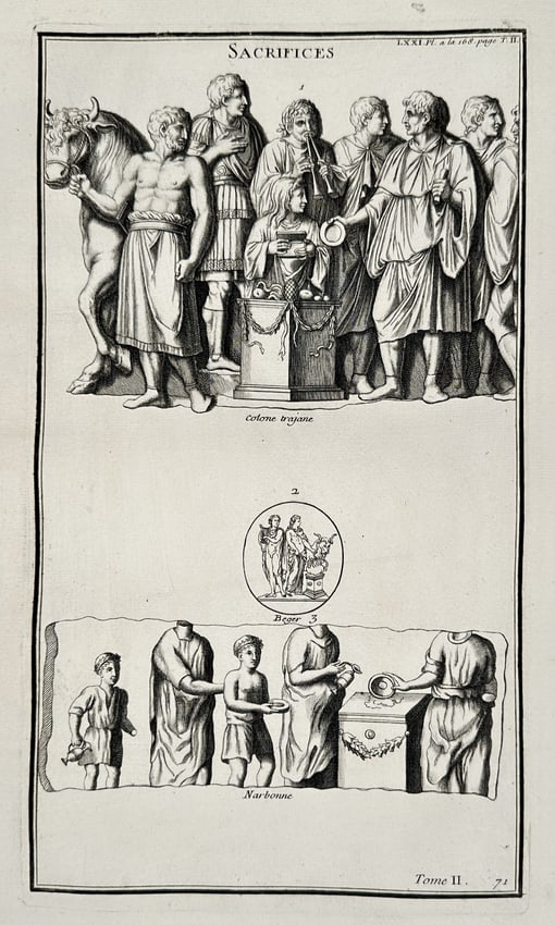 Bernard de Montfaucon (1655–1741) – Classical sacrificial processions – Engraving (1719): "Sacrifices." This engraving presents two detailed horizontal friezes depicting ancient Roman sacrificial rituals. The larger scene on the right, labeled "Colone Trajane," shows a procession of figure