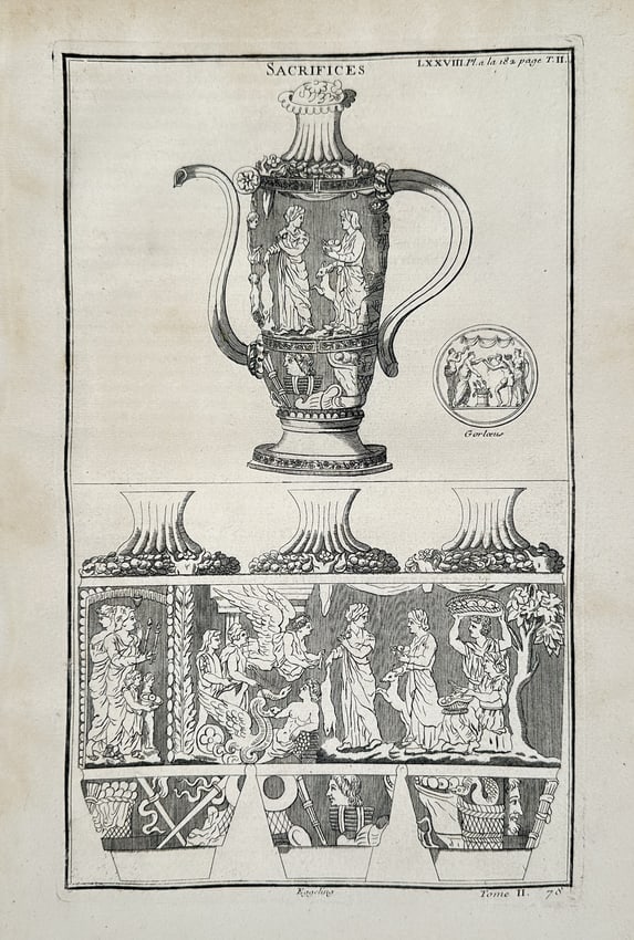 Bernard de Montfaucon (1655–1741) – View of an ancient sacrificial vase and reliefs –: "Sacrifices." This engraving displays a large, ornate classical vase decorated with mythological or sacrificial figures in high relief, alongside detailed horizontal bands showing processional scenes.