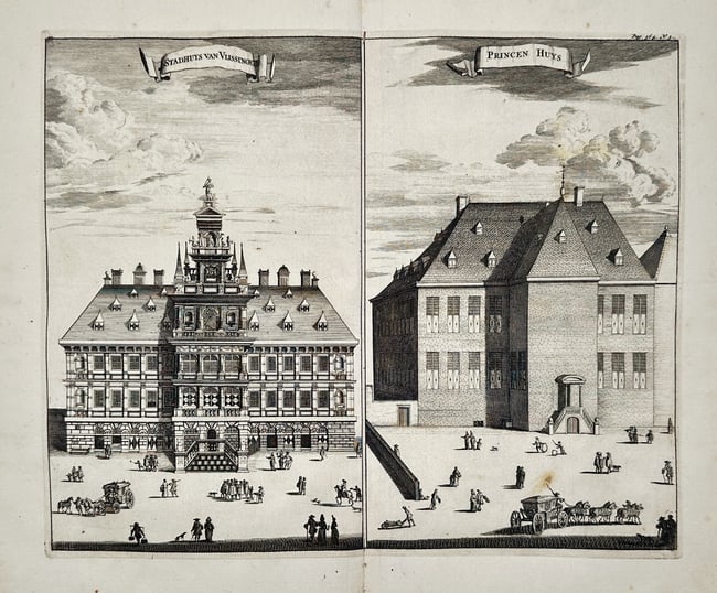 Mattheus Smallegange (1624–1710) – Views of the Vlissingen City Hall and the Prin – Engraving: Stadhuys van Vlissingen and Princen Huys. This engraving presents two architectural views of significant buildings in the city of Vlissingen. The left section shows the ornate, multi-story City Hall f