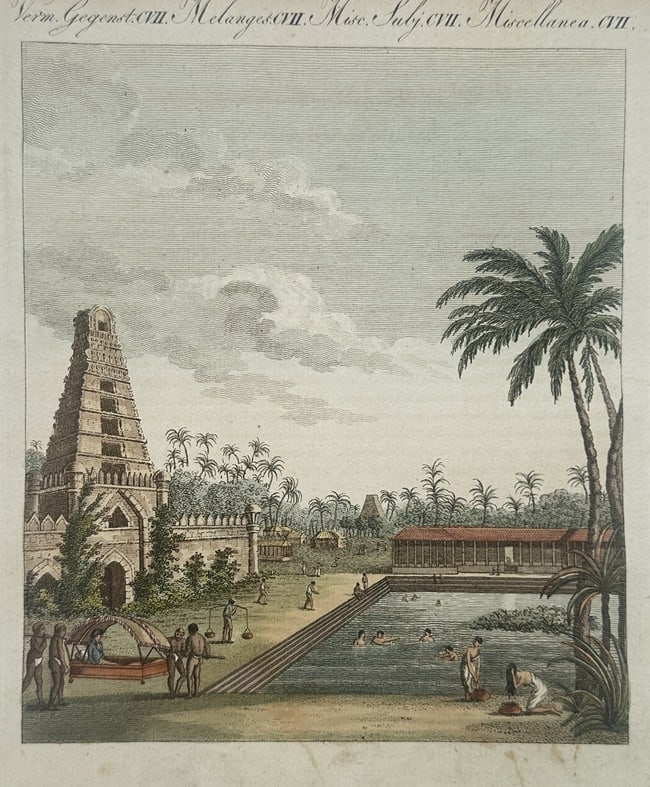 Friedrich Justin Bertuch (1747–1822) – View of a Hindu Temple and Bathing Tank – etching: "View of a Hindu Temple and Bathing Tank" depicts a tiered temple structure and a large ceremonial pool in an Indian landscape. The composition features figures bathing along the stone steps of the ta