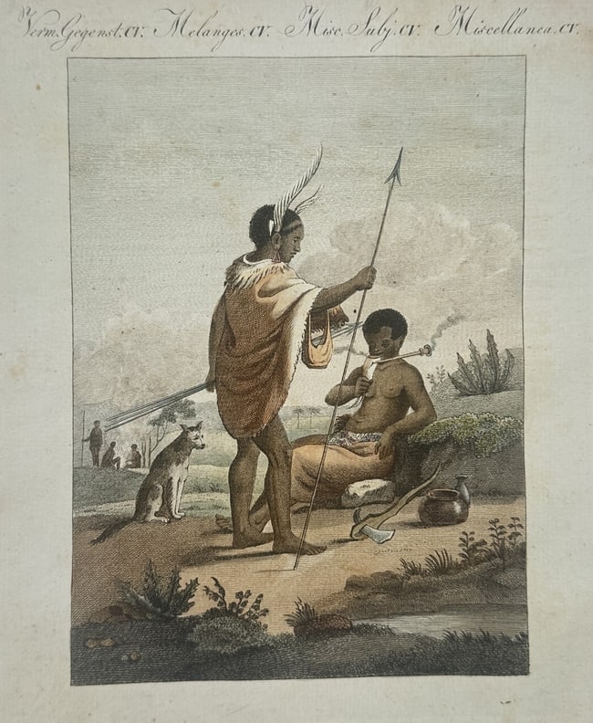 Friedrich Justin Bertuch (1747–1822) – View of African Inhabitants and a Dog – etching: "View of African Inhabitants and a Dog" depicts two men in traditional attire within a coastal or riverside landscape. One figure stands in the foreground holding a long spear and wearing a feathered 